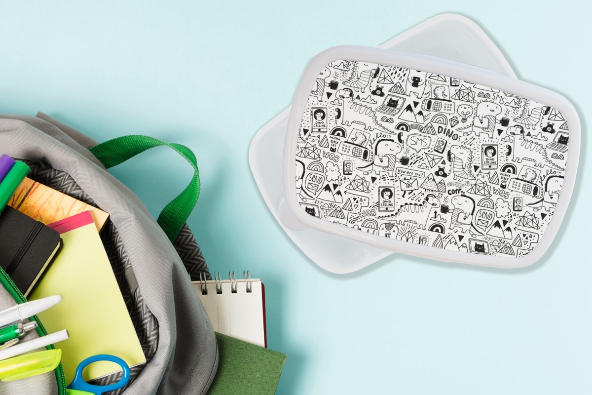 Brotbox Dinosaurier Kunststoff, Kinder - Mädchen und und Erwachsene, MuchoWow Lunchbox für weiß Muster Telefon, Jungs (2-tlg), - für Brotdose,