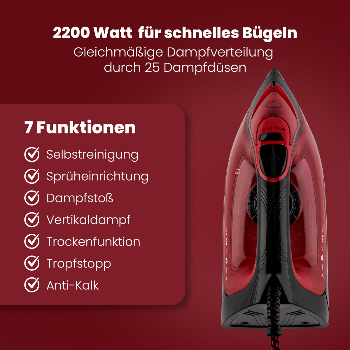 CLATRONIC Dampfbügeleisen DB 3752, kratzfeste Keramiksohle, 7 Funktionen, 2200 Watt