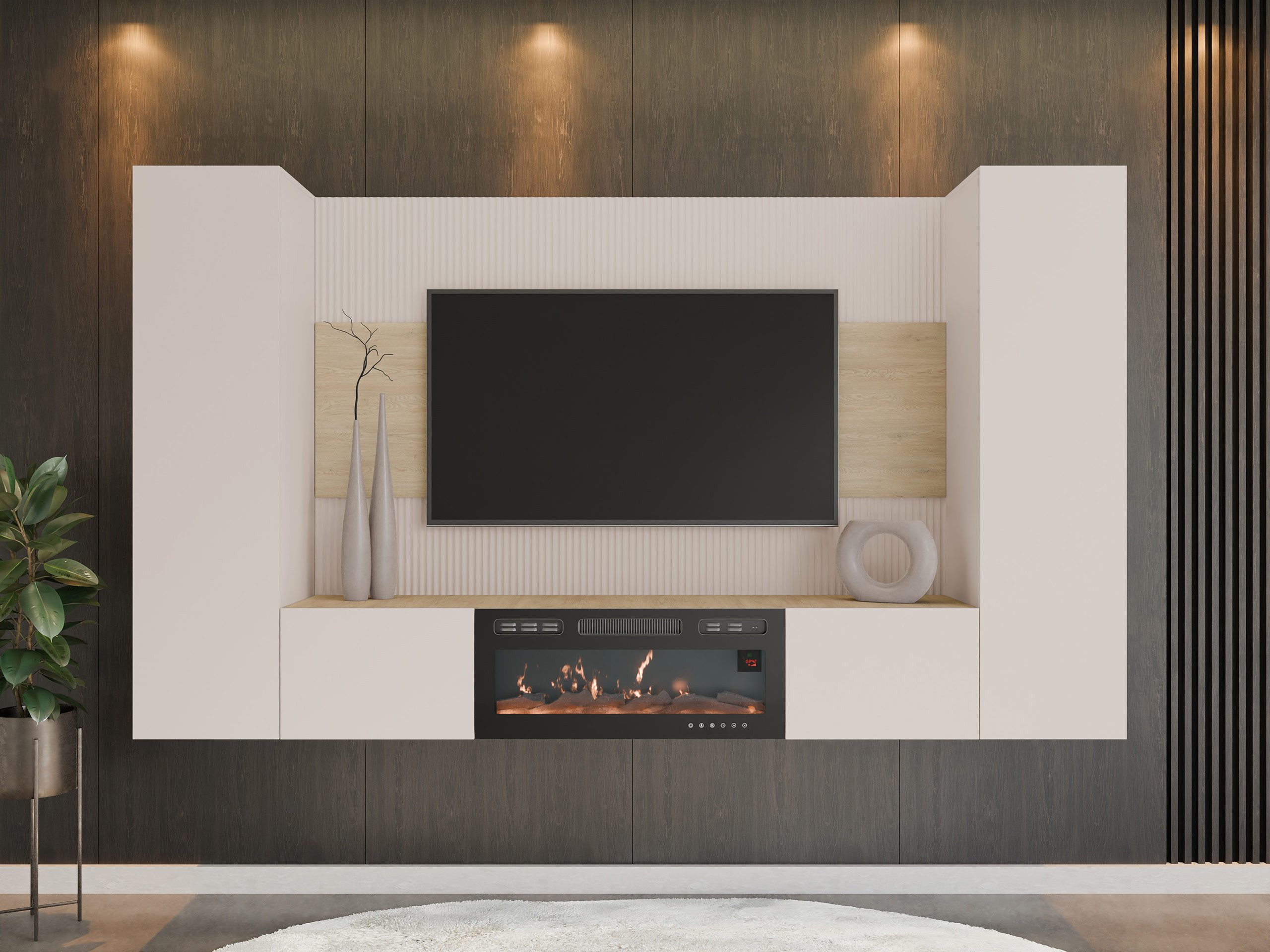 MIRJAN24 Wohnwand Deromi V mit Kamin, (4er-Set, TV-Lowboard mit Wandpaneel, 2x Hängeschrank), Realistische LED-Flamme, Push to open – Bild 3 von 5