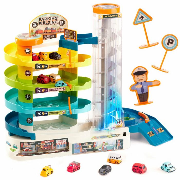 Ikonka Spielzeug-Auto Parkhaus 4 Ebenen elektrischer Aufzug + 6 Autos