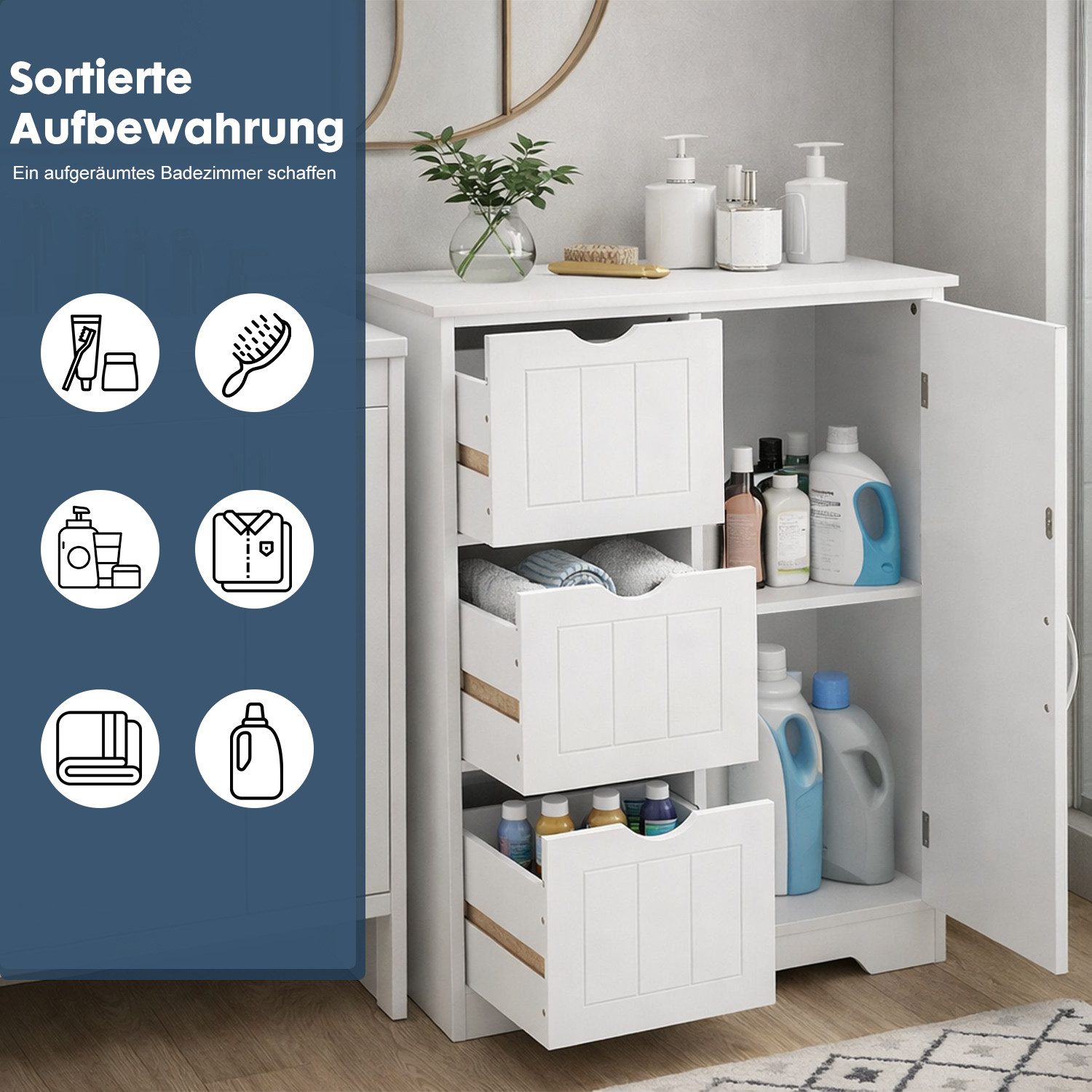 DUMOS Badkommode Badezimmerkommode mit 3 Schubladen (Badezimmerschrank), Schrank mit verstellbarem Regalbrett und 3 Schubladen