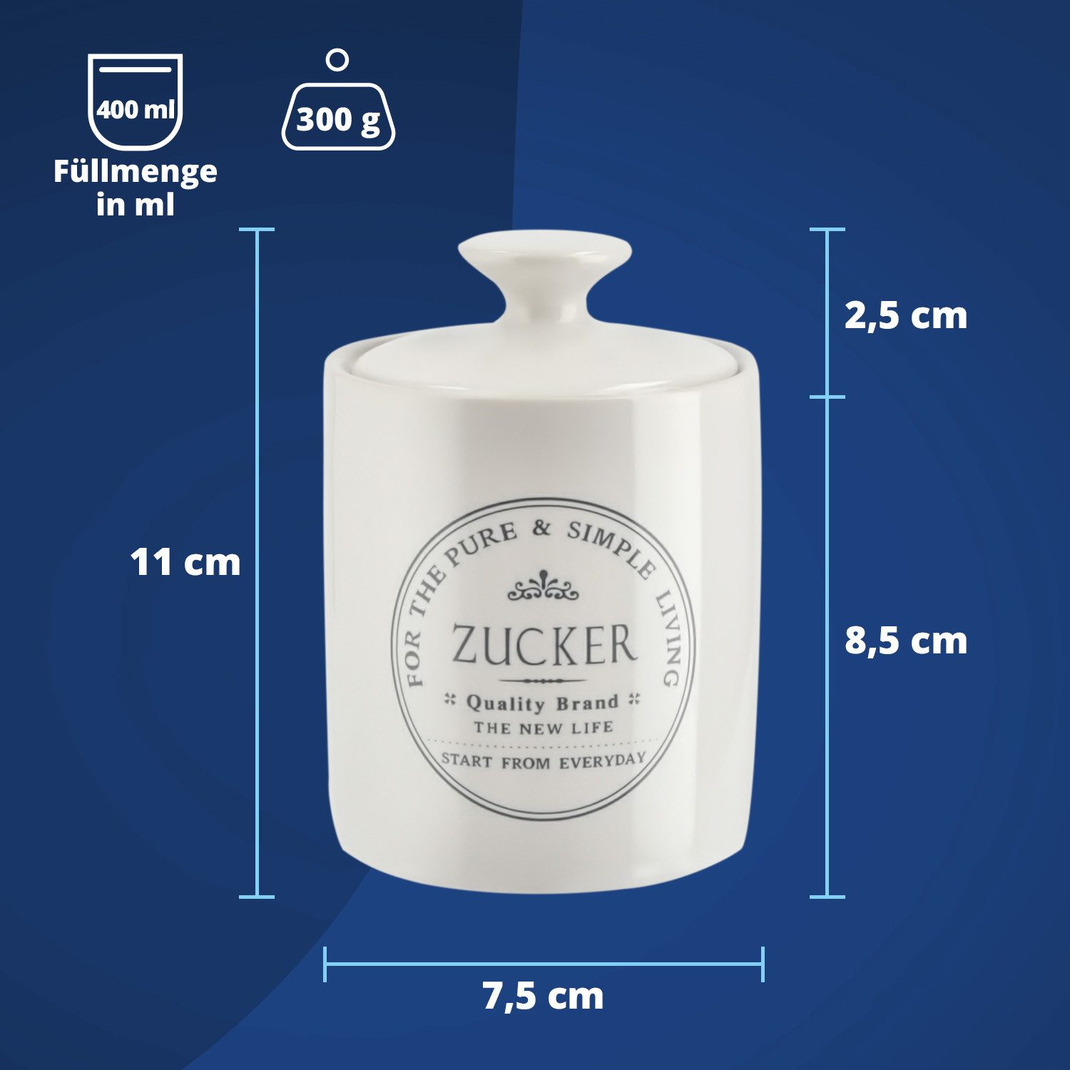 KHG Vorratsdose Zuckerdose aus Steinzeug in weiß mit Deckel im Landhausstil, Steingut, Aufbewahrungsdose für Zucker– perfekt zum Servieren am Tisch – Bild 3 von 5