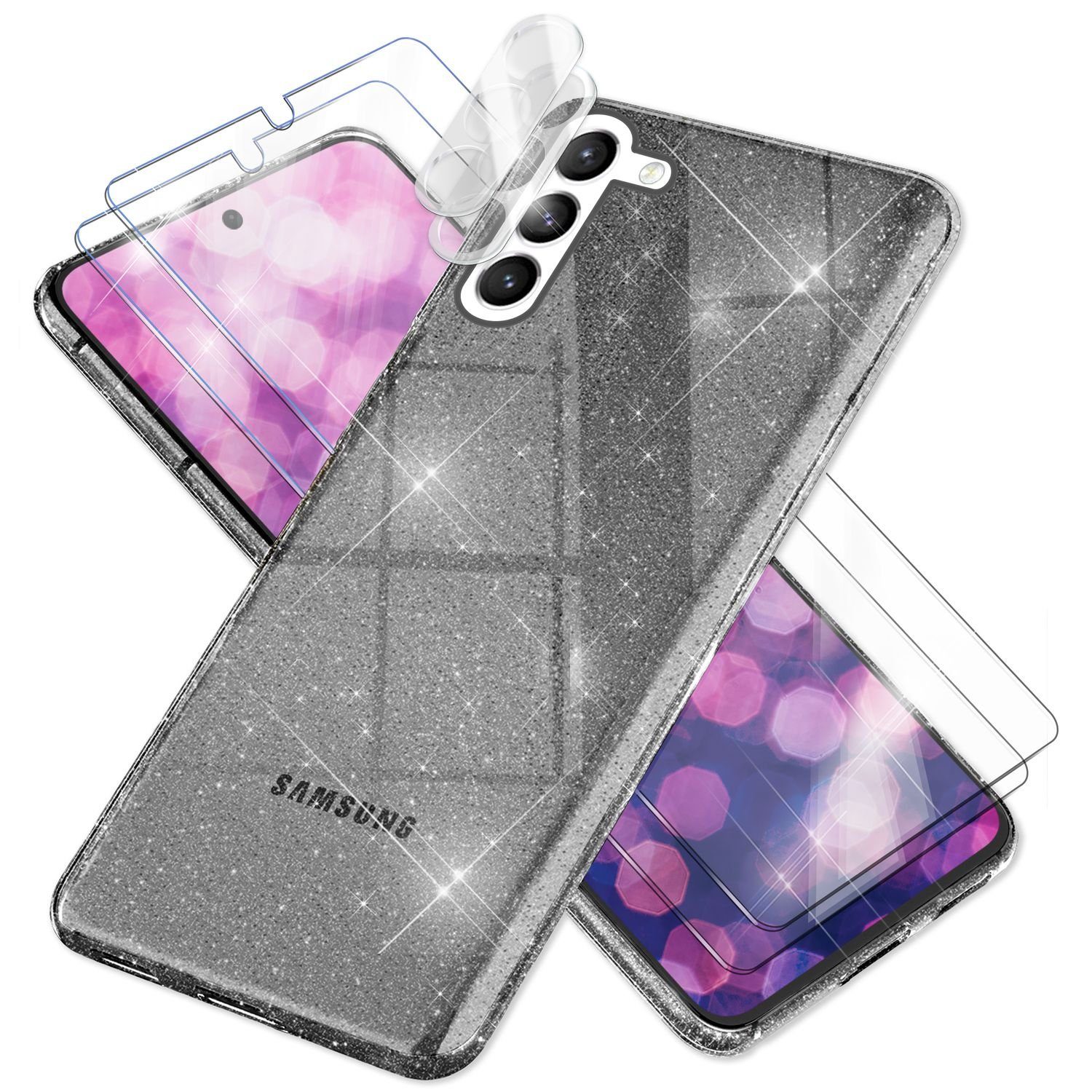 Nalia Smartphone-Hülle Samsung Galaxy S23, Klare Glitzer Silikon Hülle / 2x Display- & Kameraschutz / Bling Cover
