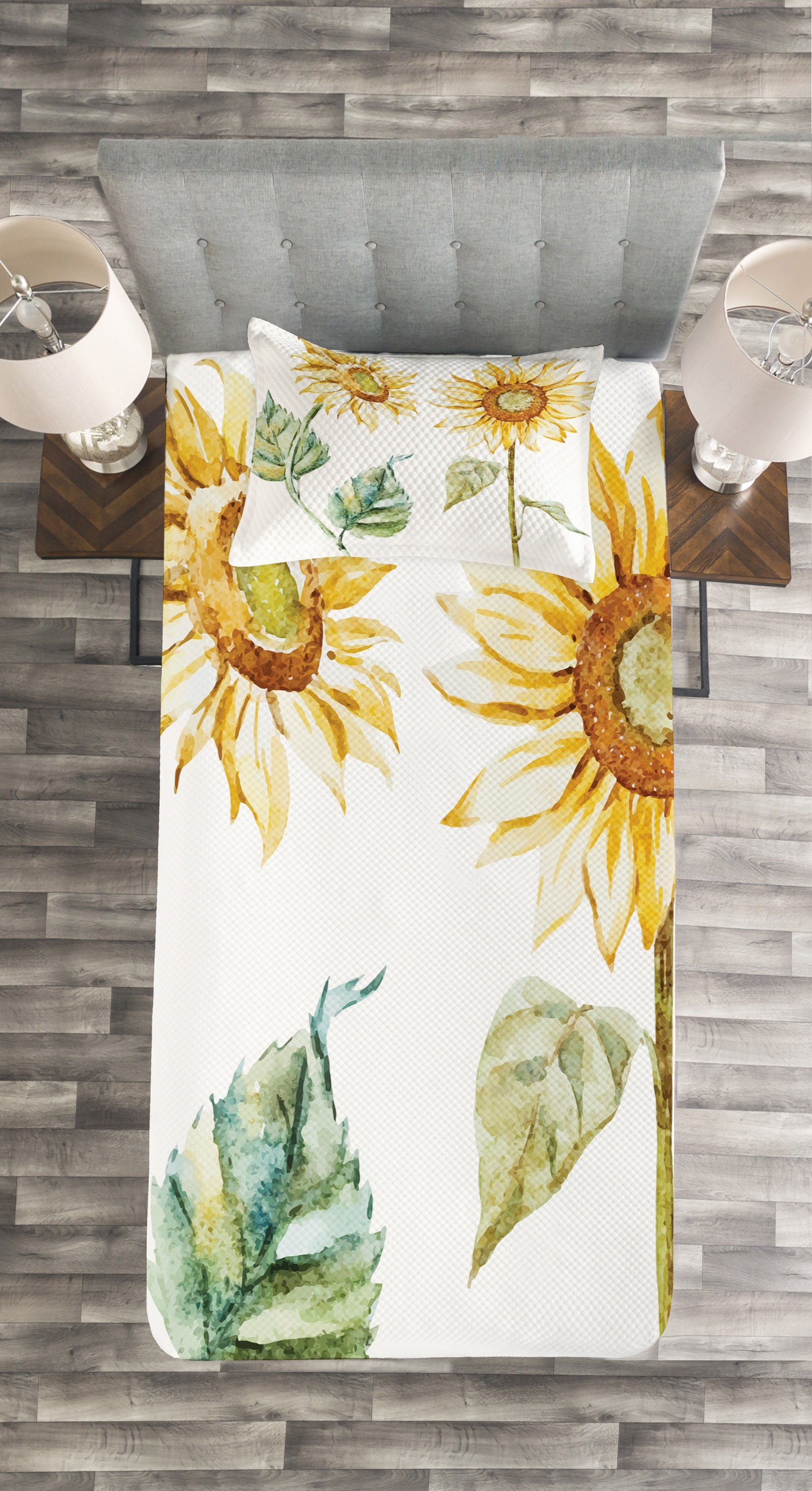 Tagesdecke Set Aquarell Abakuhaus, Anziehender Kissenbezügen Sonnenblumen Waschbar, mit
