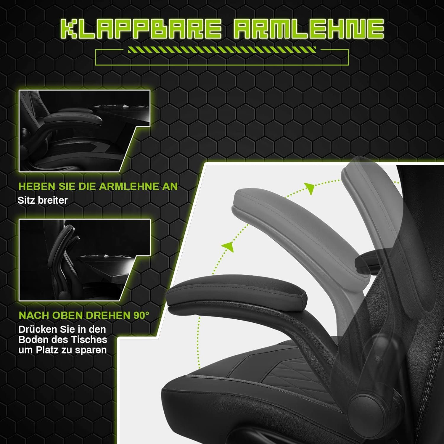 ergonomisch Gaming BASETBL Rollen), (PC mit Stuhl Chair Gaming klappbaren breite Atmungsaktiv,bis und sitzfläche, mit Rückenlehne mit Schreibtisch,Chefsessel, armlehnen 150KG hoher hochklappbarer Bürostuhl