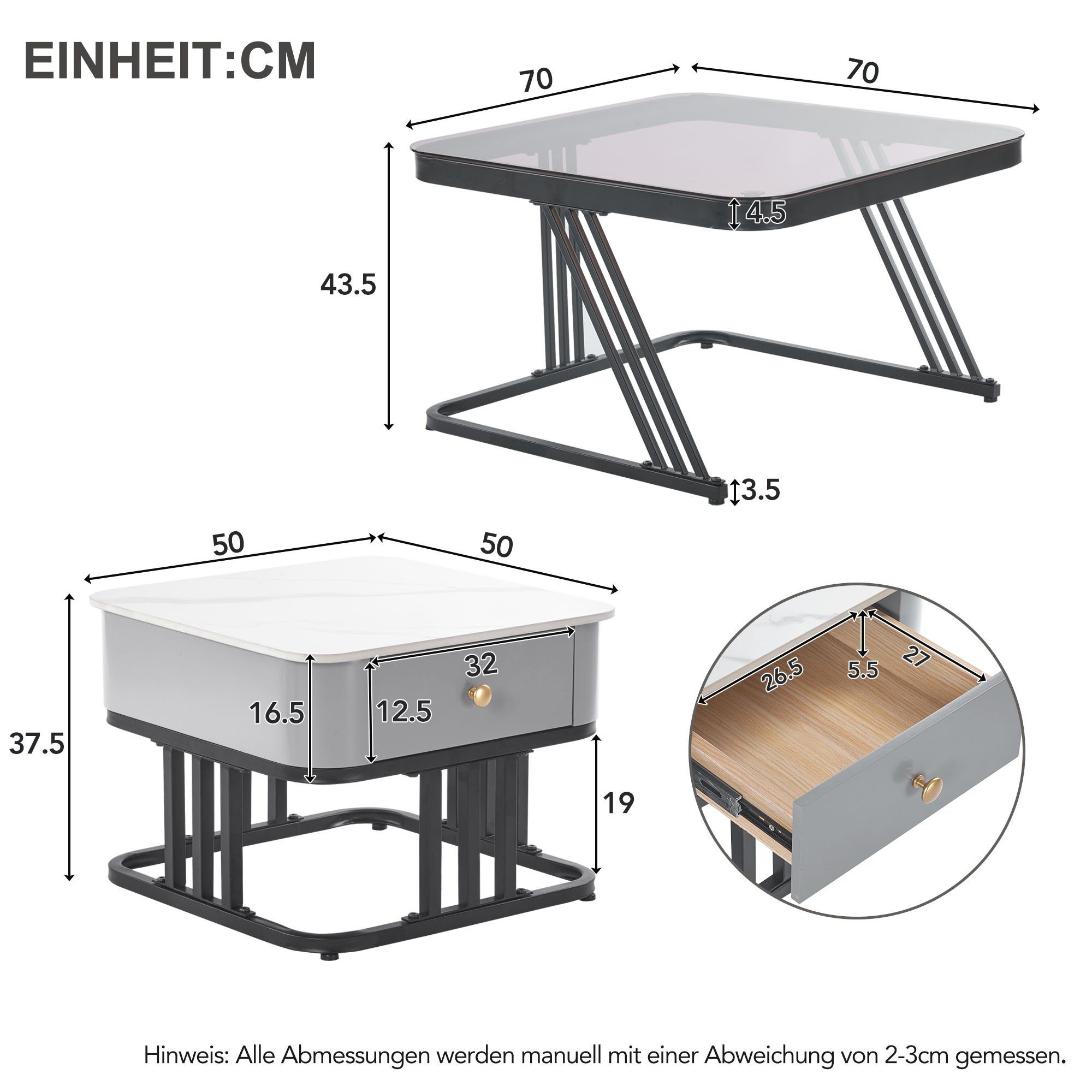 WISHDOR Couchtisch 2er Set Beistelltisch Glasplatte Quadrat Satztisch mit (2-St), Schublade, Mamor-Tischplatte und mit und Metallrahmen