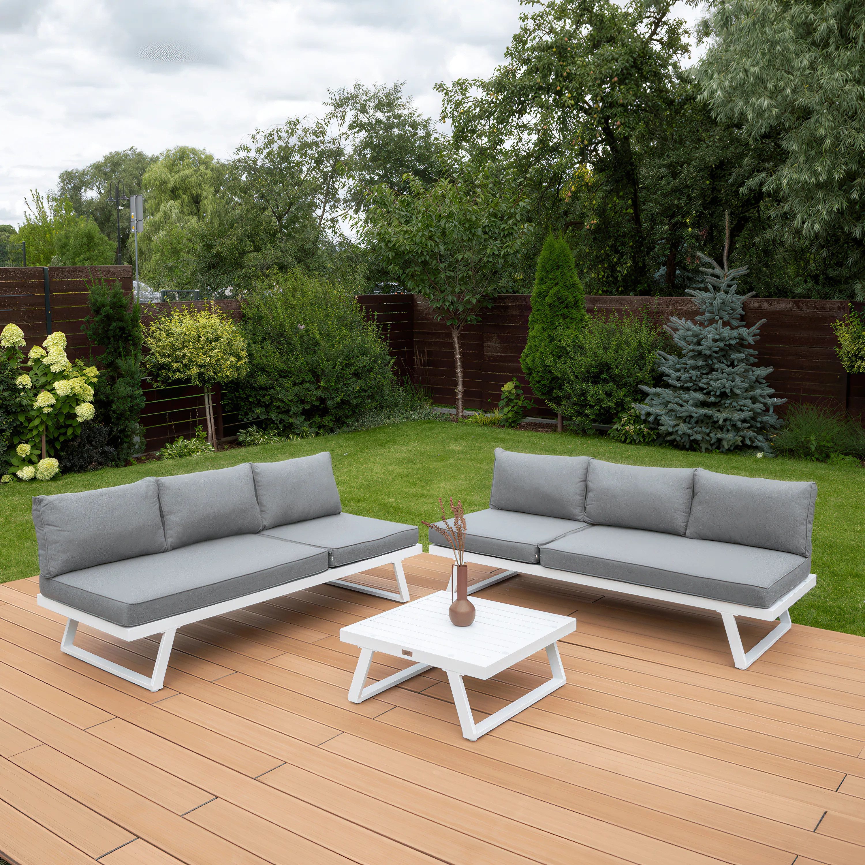Focus Garden Gartenlounge-Set "Modular" 4-in-1: Lounge, Liege, Bett, Ecksofa - mit Tisch - Aluminium, (5-tlg), Witterungsbeständig, mit Kissen