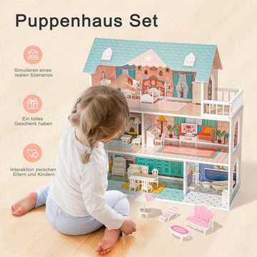 WISHDOR Puppenhaus Puppenhaus Spielset Hölzernes mit Möbeln und Zubehör Puppenhausmöbel, (mit Puppenmöbel echtes Traumspielzeughaus), aus Holz tolles Geschenk für Mädchen