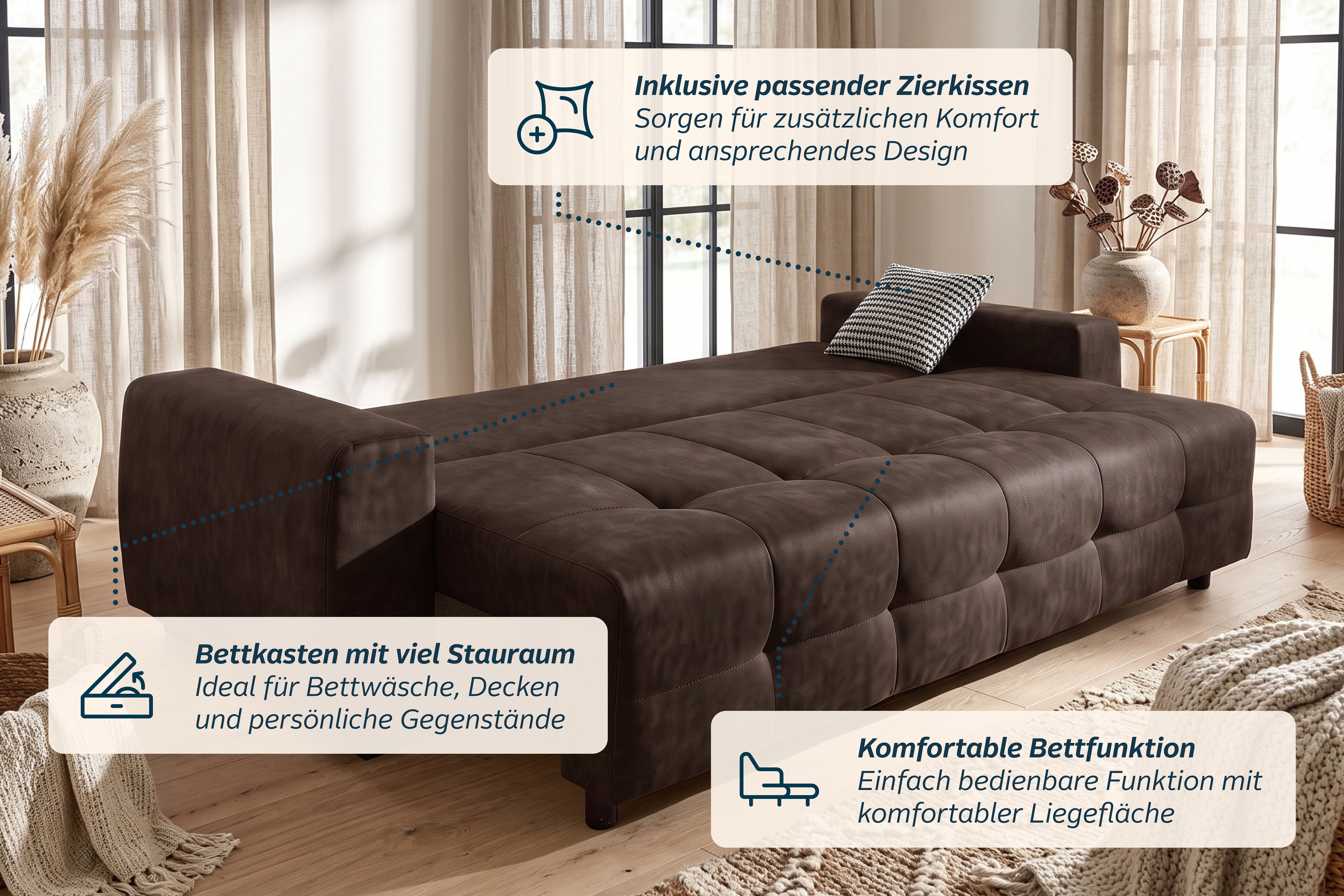 OTTO home Schlafsofa Bella mit Bettkasten, Gästebett 142x194, in 3 Qualitäten, inkl. Kissen, LUXUS - Taschenfedern mit Topper - Schlafen wie im Bett, Dauerschlä – Bild 4 von 5