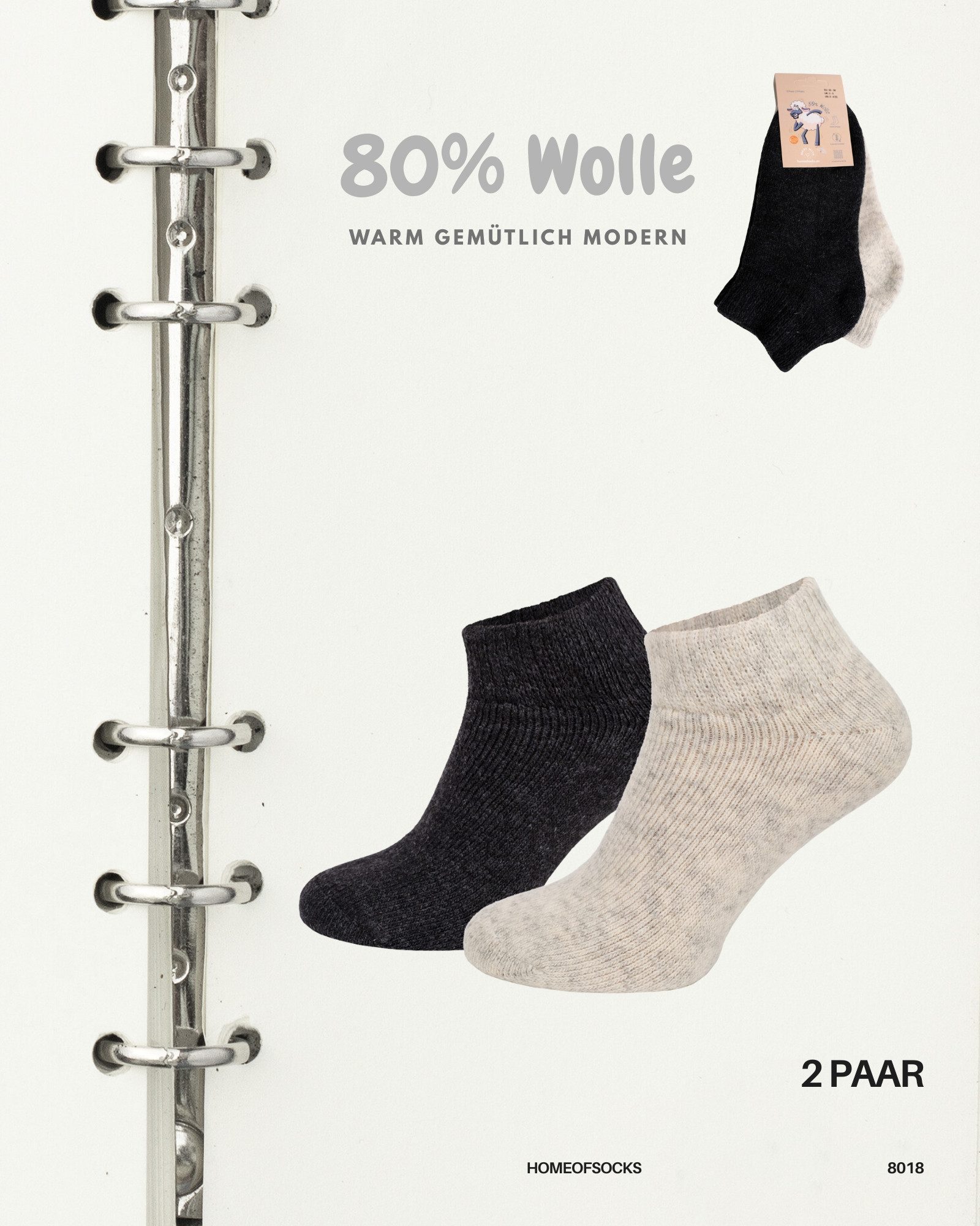 HomeOfSocks Sneakersocken 2 Paar Sneaker Wollsocken Doppelpack in Anthrazit Grau,  Komfortbund, Fester Sitz