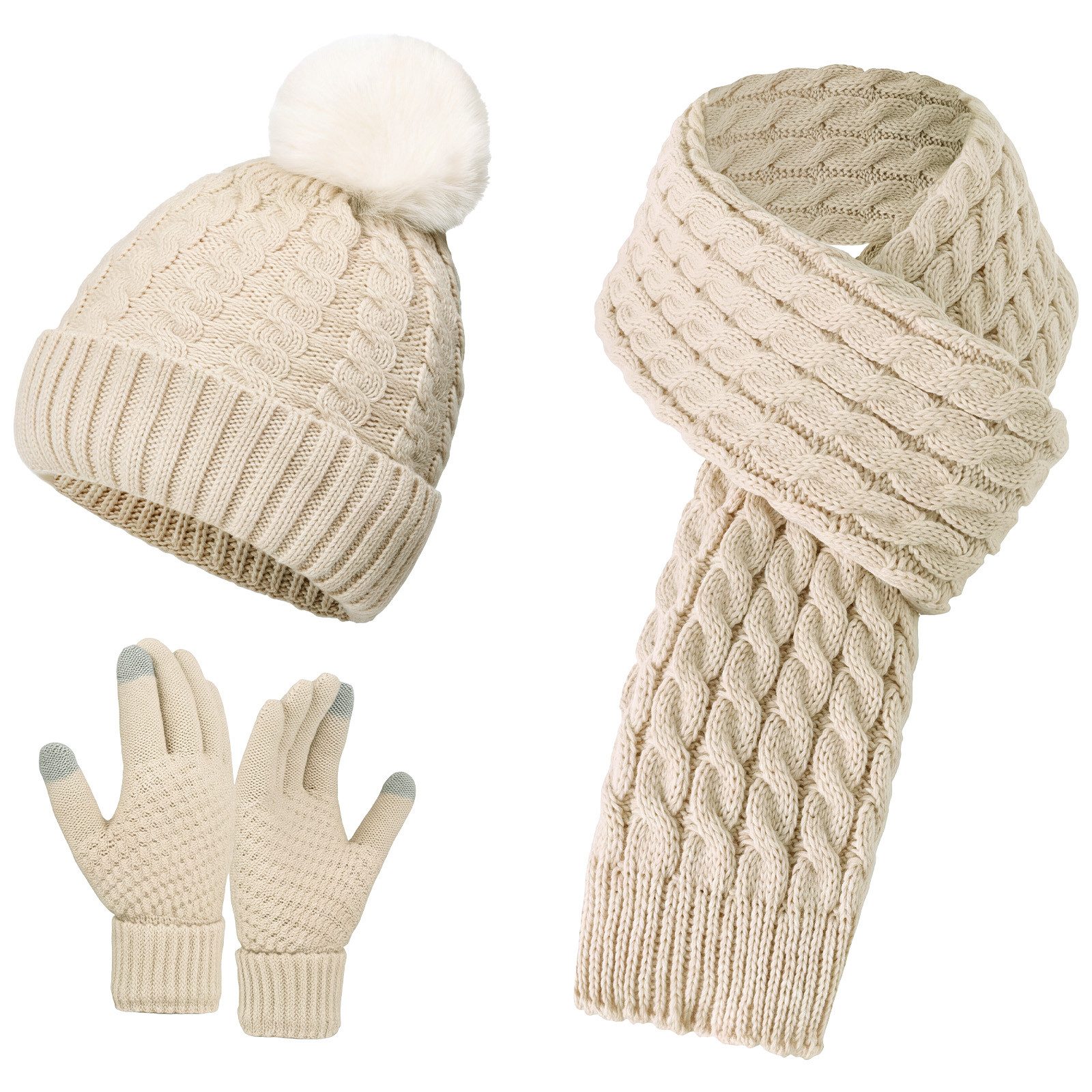 GLIESE POWER Mütze & Schal Handschuhe Set Damen – 3-teilig, warmes Strick-Set 3-teilig, Acryl-Strick, Arctic Fleece, elastisch, mit Pompon