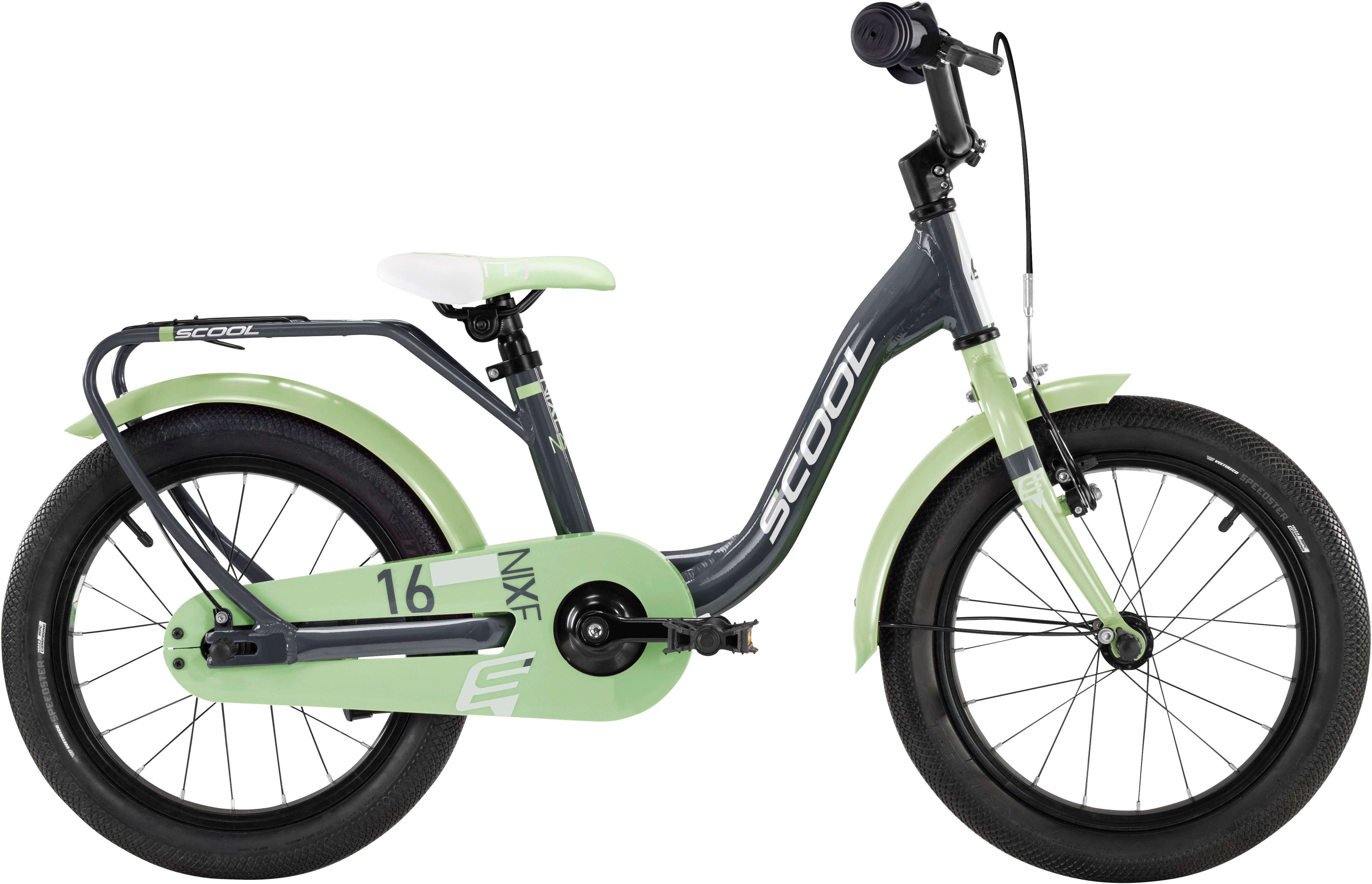 S’COOL Kinderfahrrad S'COOL niXe 16-1S - Dark Grey/Pastel Green, 1 Gang, ohne Schaltung, Stützräder montierbar