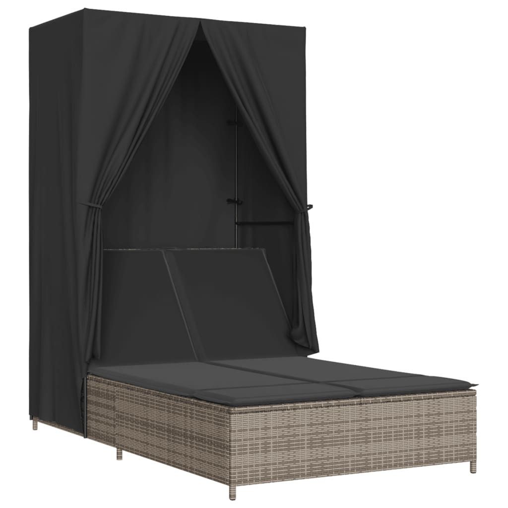 vidaXL Gartenliege Doppel-Sonnenliege mit Dach und Vorhängen Grau Poly Rattan, 1 St.