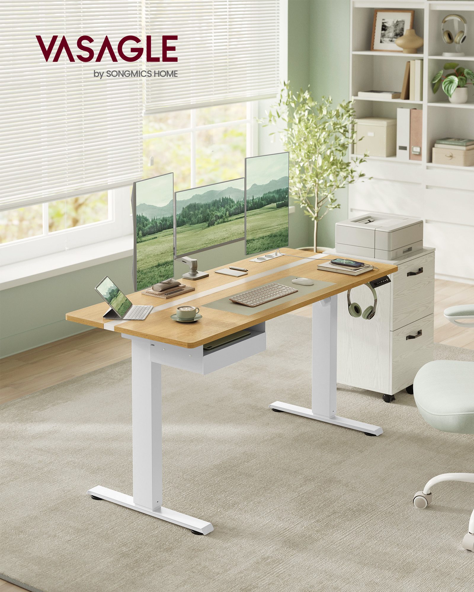 VASAGLE Schreibtisch höhenverstellbar, elektrisch, mit Steckdosen und Stoff günstig online kaufen