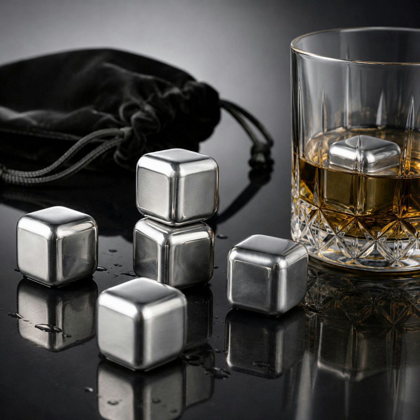 Haushalt International Eiswürfel-Steine Kühlsteine Kühlwürfel Whiskeysteine Edelstahl Geschenkset 6tlg, Inkl. Beutel, Silber, 2,7x2,7x2,7cm, Edelstahl