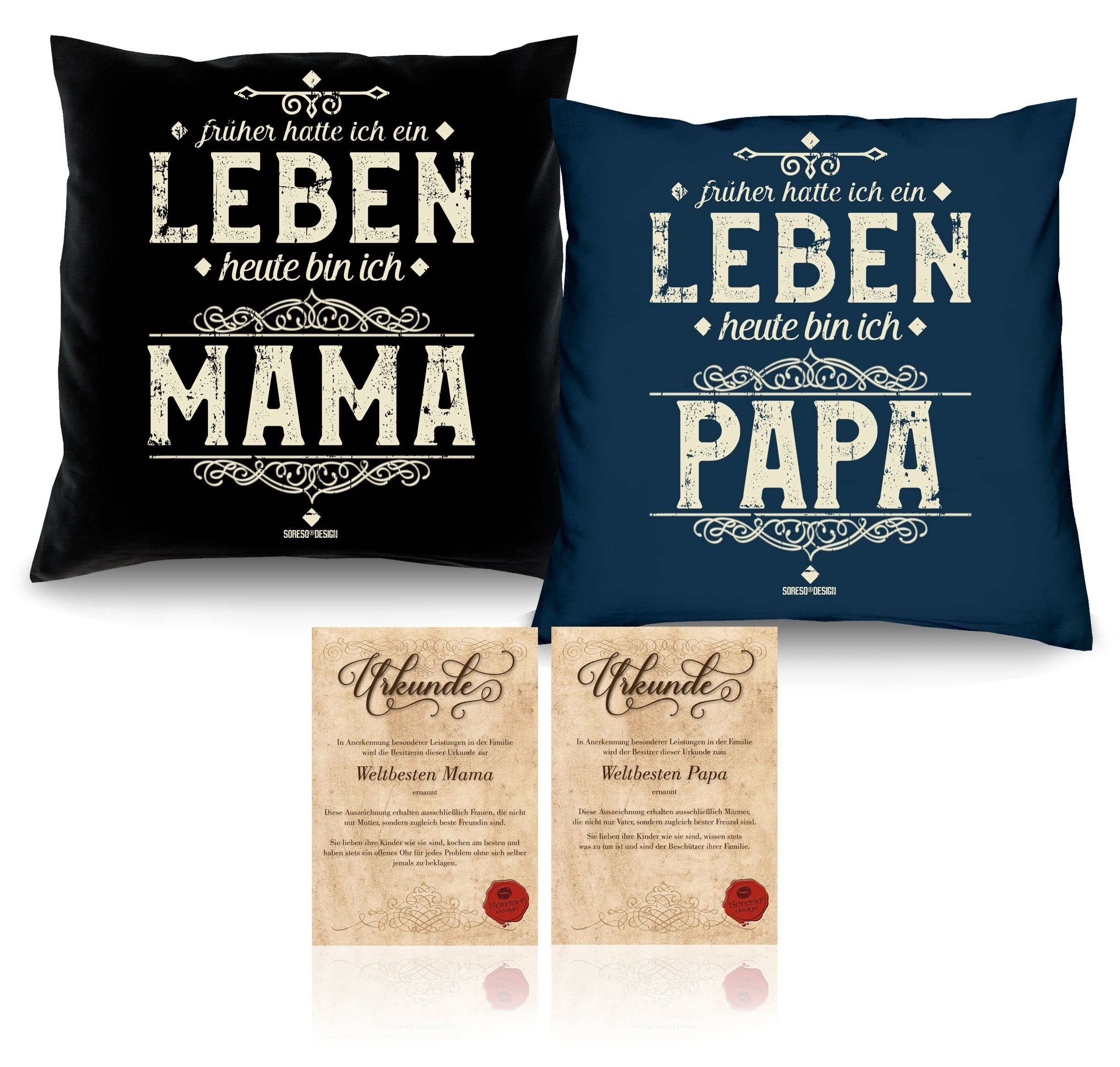 Vatertag Heute ich bin bin navy-blau Soreso® Geschenk ich Kissen-Set Dekokissen Urkunden, Muttertag Mama mit Papa Heute