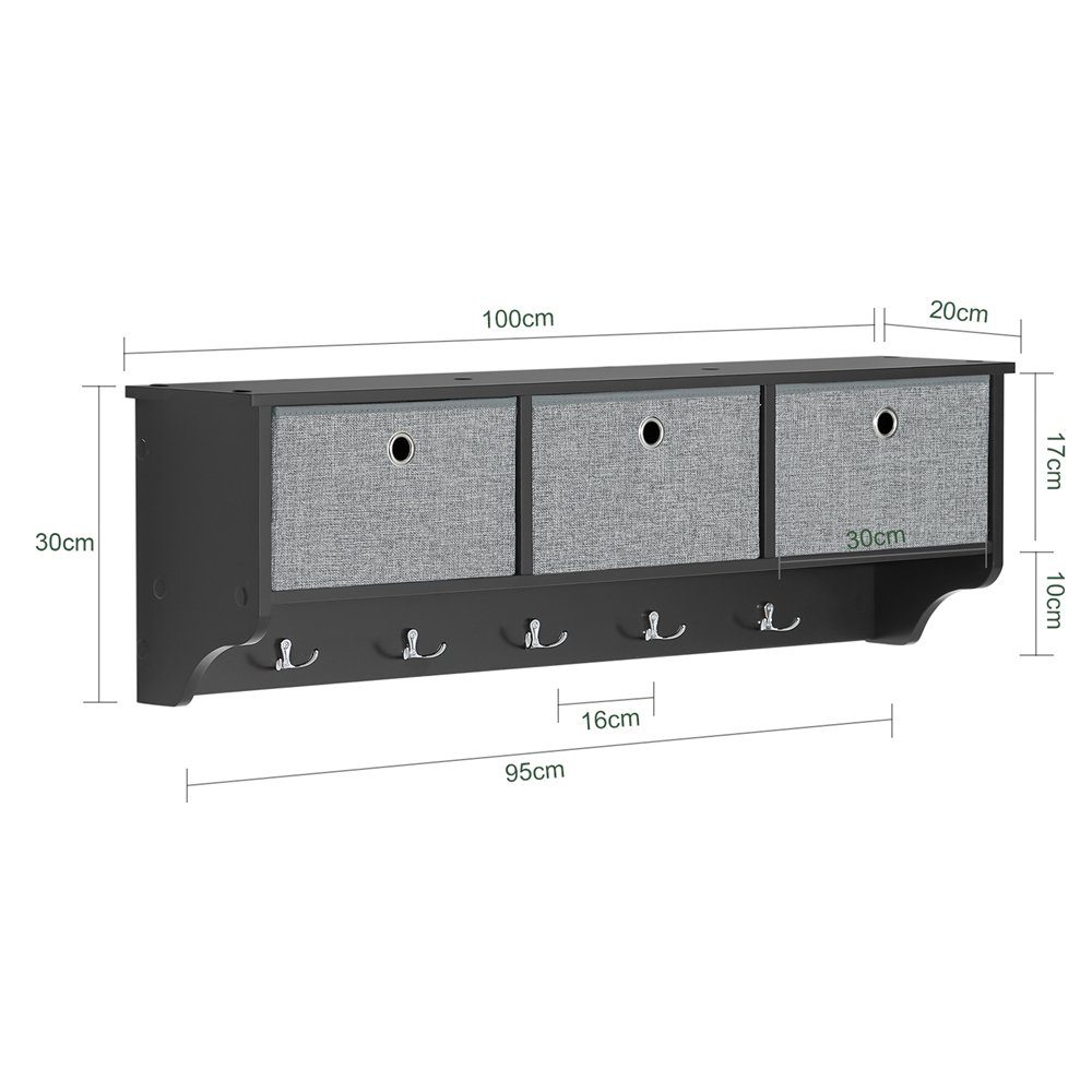 SoBuy Wandgarderobe FRG282, Wandregal, Schweberegal, Garderobenleiste, Flur, Schlafzimmer, Flurgarderobe Kleiderhaken Hängeregal mit 3 Körben, mit Haken – Bild 4 von 5
