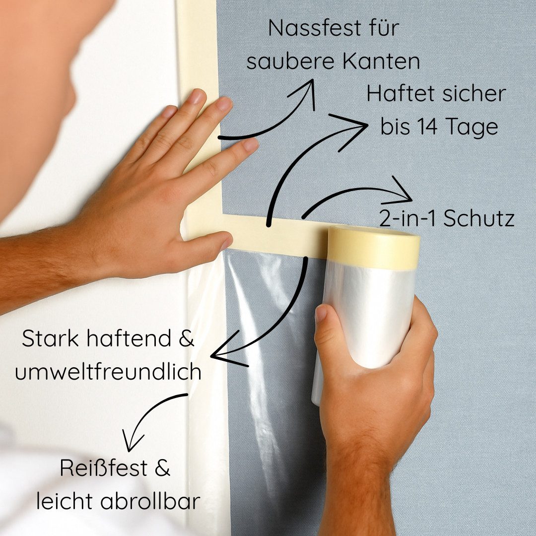 Veluxis Kreppband Veluxis® Kombi-Mask Abdeckfolie mit Kreppband Hohe Klebkraft, Rückstandsfrei – Schutz vor Staub & Feuchtigkeit