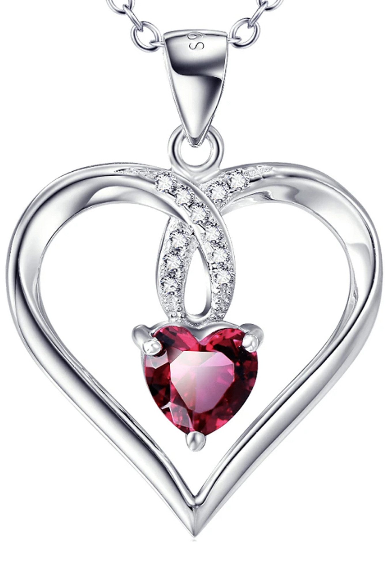 Herzkette 925 Sterling Silber Kette mit Herz Anhänger Silberkette roter Stein