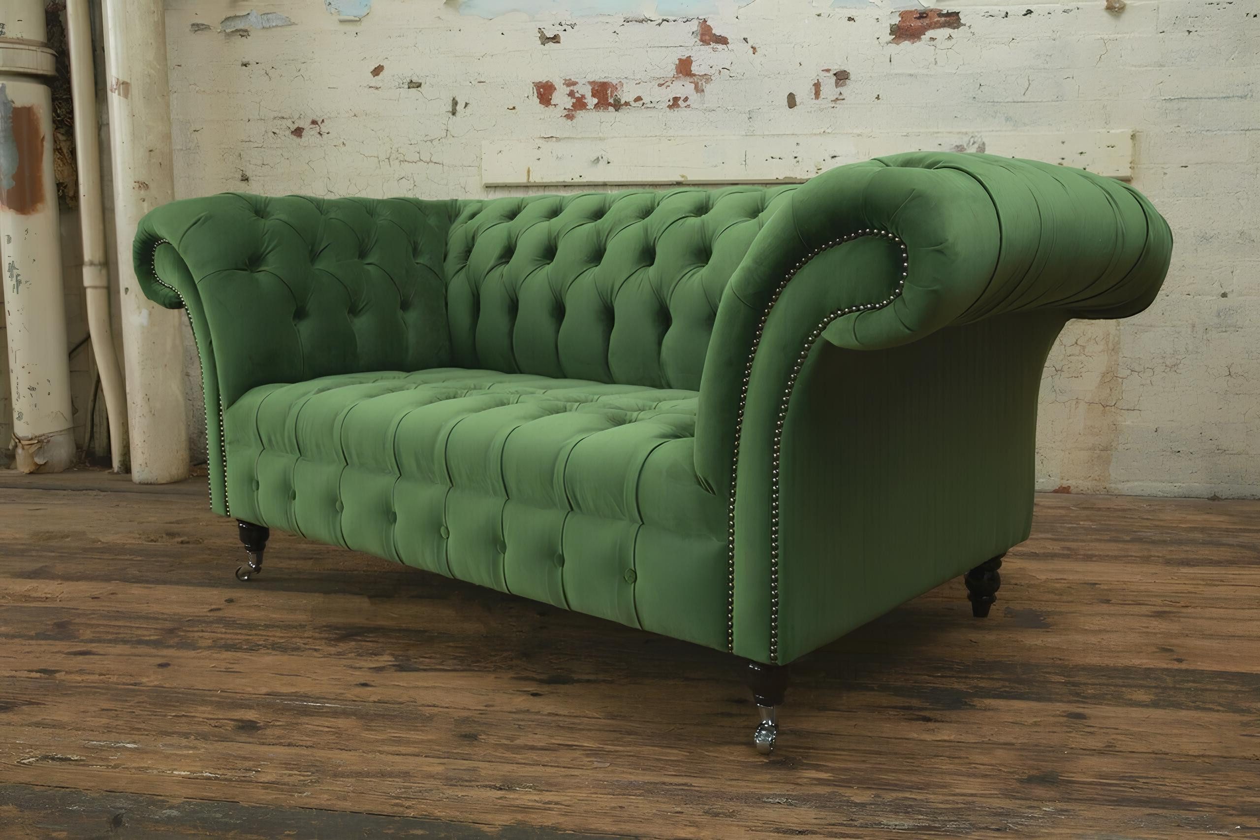 Xlmoebel Chesterfield-Sofa Neue Zweisitzer-Polstercouch mit grünem Chesterfield-Design aus Textil, Hergestellt in Europa