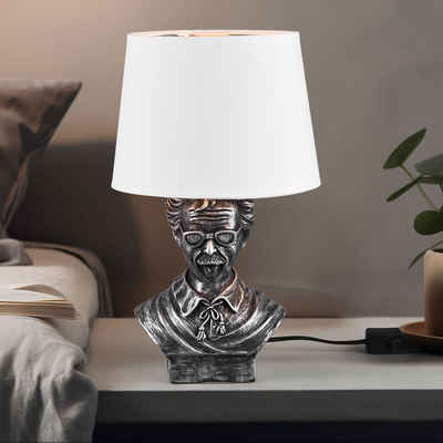 etc-shop Tischleuchte, Leuchtmittel nicht inklusive, Tischleuchte Nachttischlampe Keramik silber Stoff weiß H 36 cm