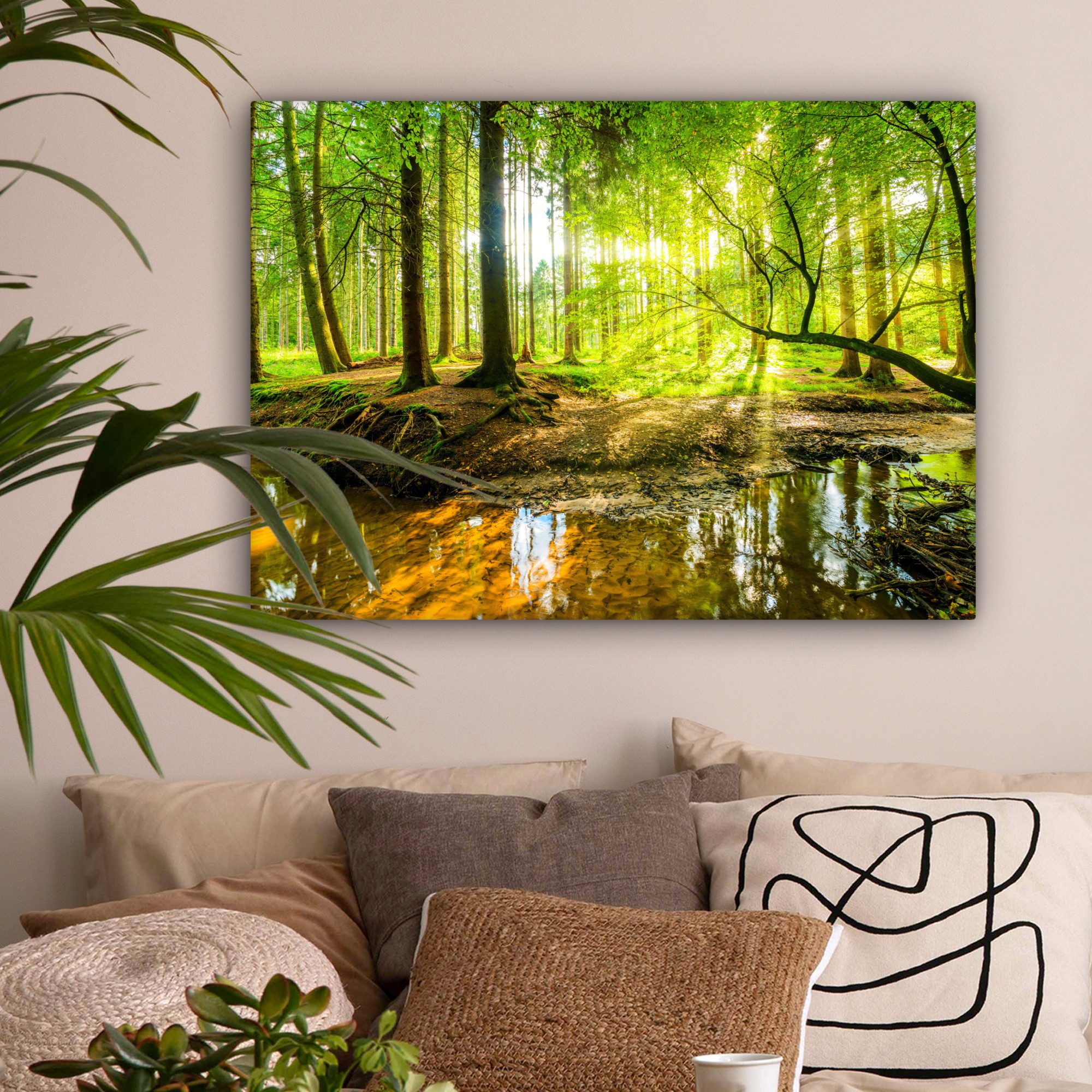 OneMillionCanvasses® Leinwandbild Wald - Landschaft - Wasser - Bäume - Sonne - Grün - Natur, Fotodruck (1 St), Leinwand Bilder für Wohnzimmer Schlafzimmer 80x60 cm