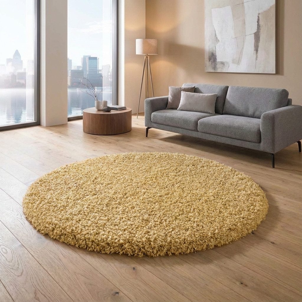 TaCa Home Langflor-Teppich Shaggy Teppich Langflor, rund, Höhe: 60 mm, Schlafzimmer Kinderzimmer Wohnzimmer, gold - 200 x 200 cm rund