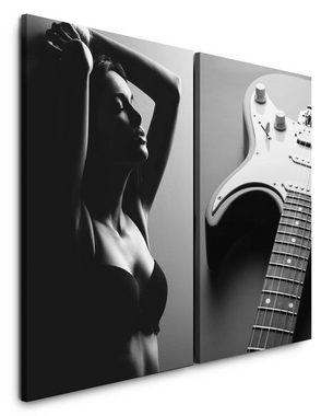 Sinus Art Leinwandbild 2 Bilder je 60x90cm Model Schwarz Weiß Sinnlich Musik E-Gitarre Verführerisch