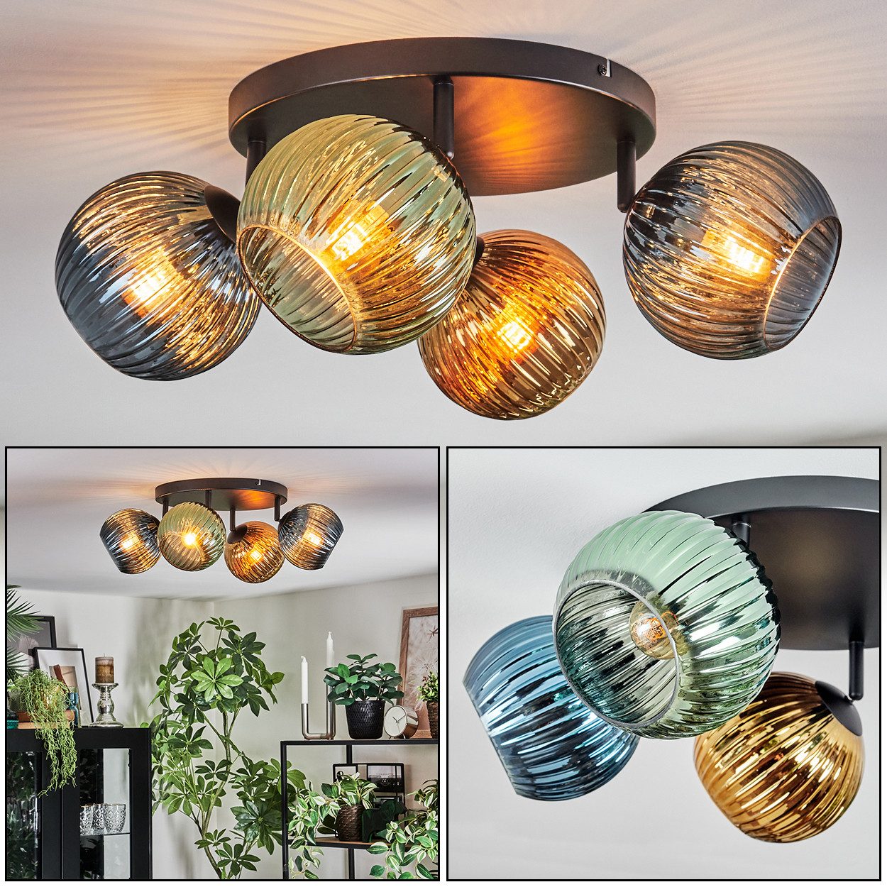 hofstein Deckenleuchte Deckenlampe aus Metall/Riffelglas in Schwarz/Blau/Grün/Goldfarben, verstellbare Deckenleuchte im Vintage-Design (Schirme Ø 15cm), 4 x E14