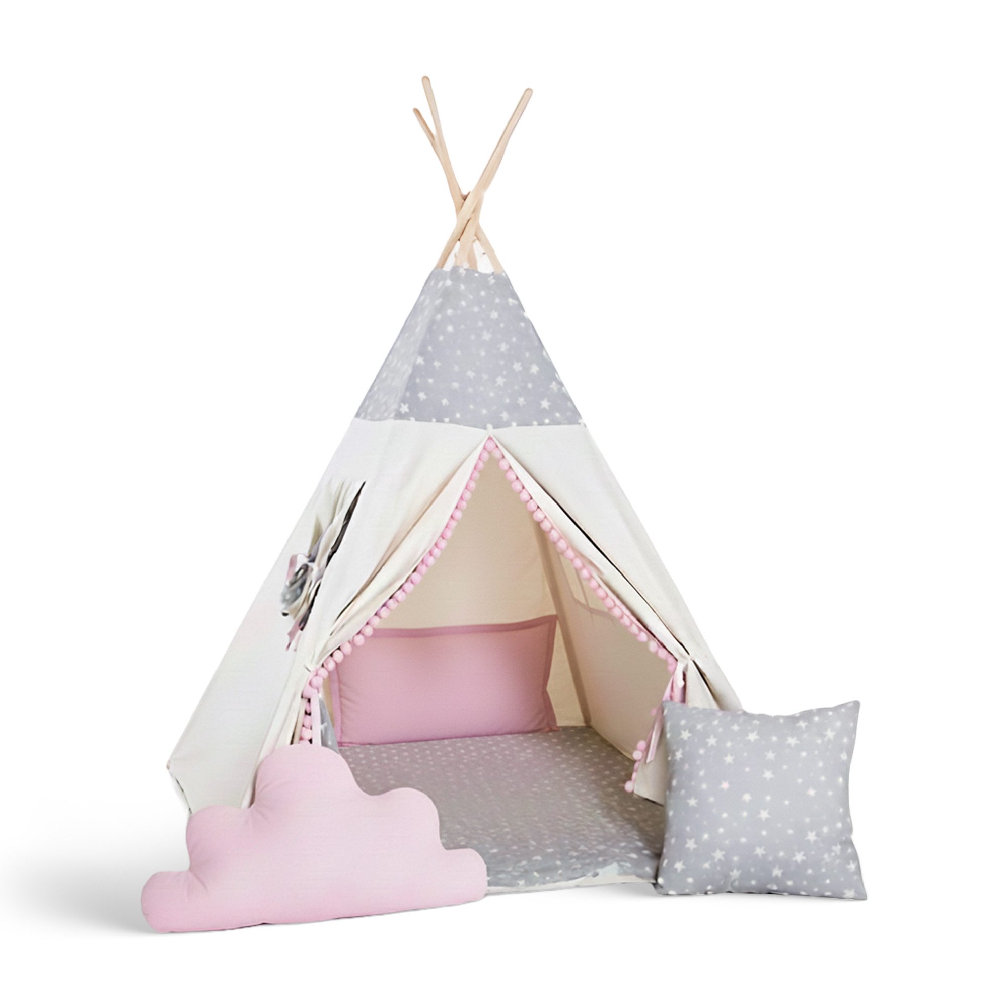 Rainbow Kids Tipi-Zelt Wolf Stern Rosa, Personen: 2 (mit kleinem Zubehör, 4 tlg., mit 2 Kissen und Matte)