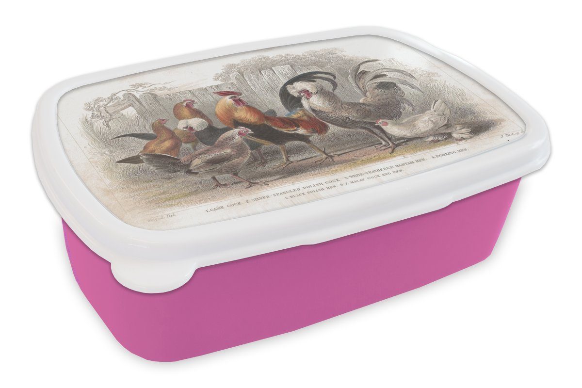 MuchoWow Lunchbox Illustration Hahns Brotbox Kinder, und einem Brotdose Mädchen, Erwachsene, für Hühnern Kunststoff, Bauernhof, auf eines Snackbox, von (2-tlg), Kunststoff rosa
