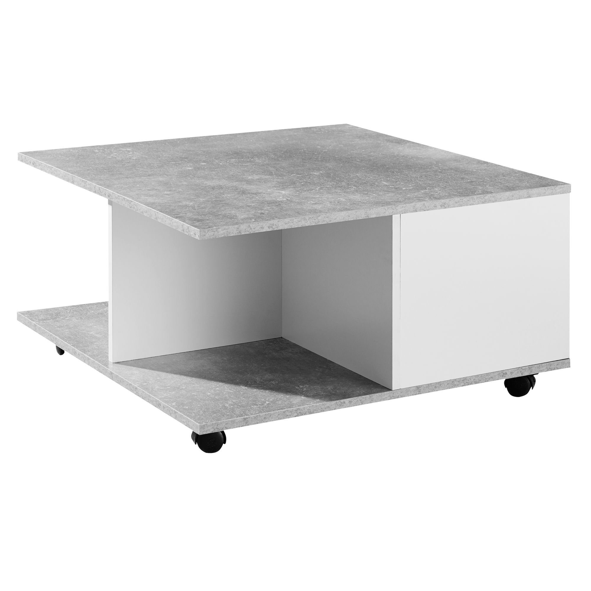 Wohnling Couchtisch WL6.065 (70x70 cm Zementgrau / Weiß, Sofatisch Eckig), Wohnzimmertisch mit 2 Schubladen, Tisch mit Rollen