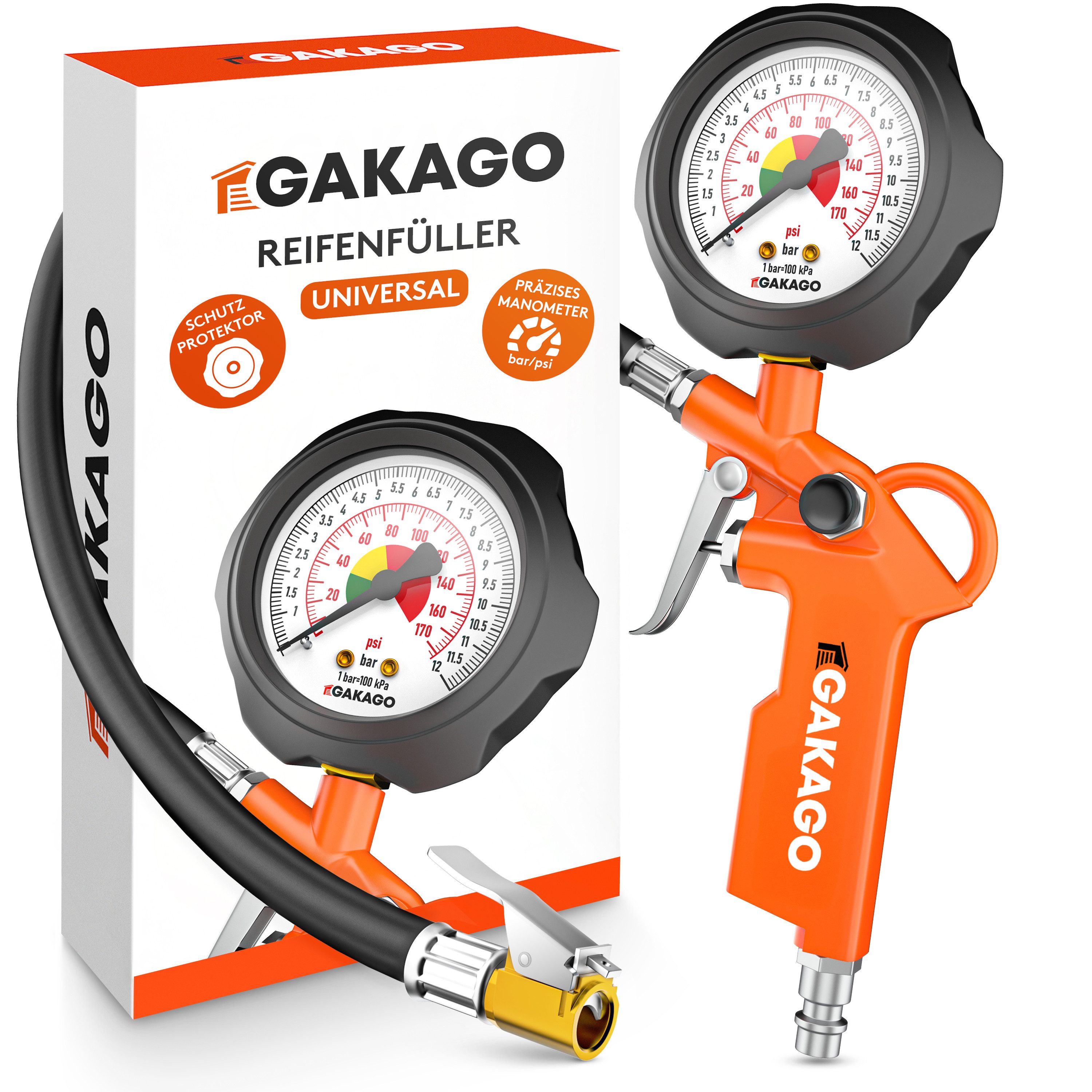 Gakago Reifenfüllmessgerät - Präziser Reifendruckfüller mit hochwertigem, max. 12 bar, Druckluft Manometer, - Extra langer 45cm Reifenfüllschlauch, - Vielseitiger Reifendruckprüfer für Auto, LKW, Fahrrad uvm.