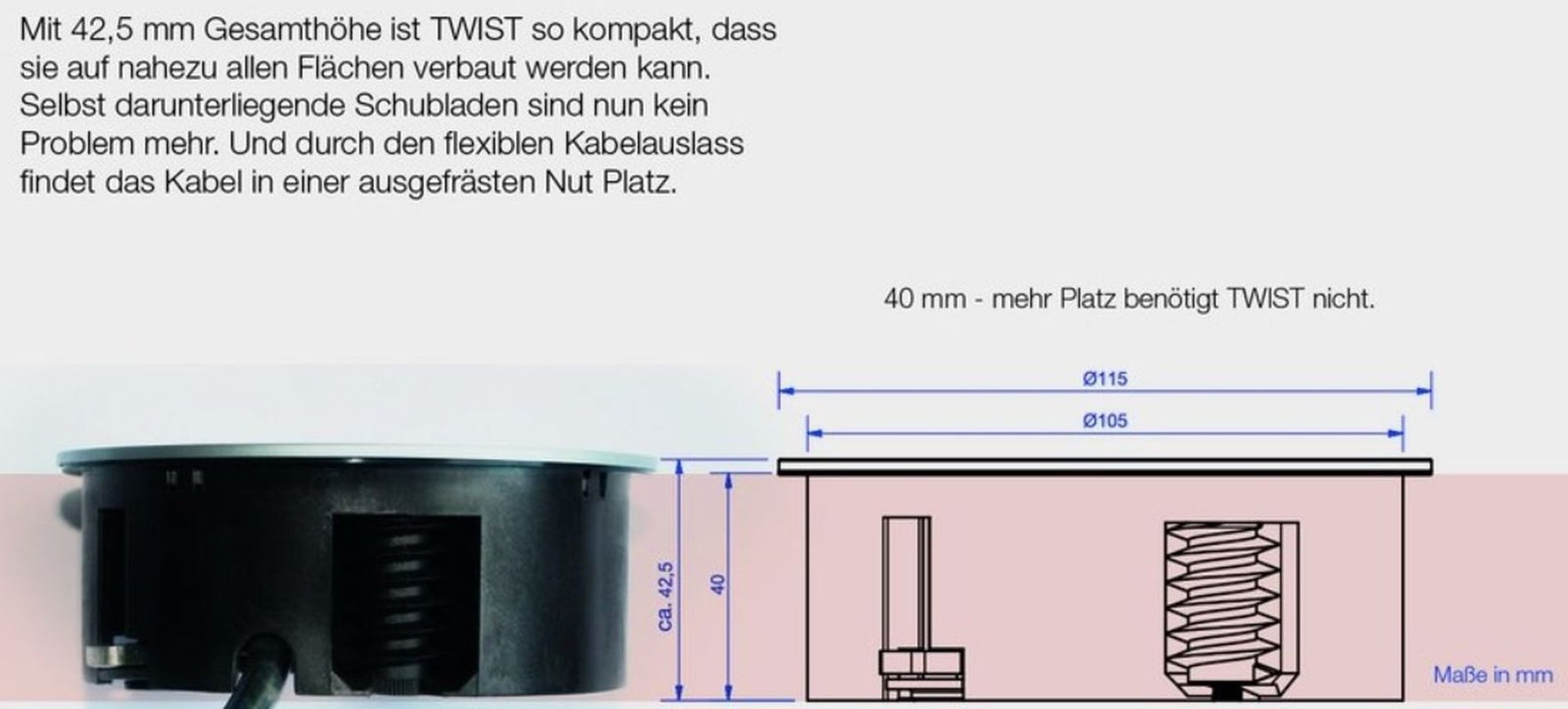Bachmann GmbH Einbausteckdose Twist, 2-fach Küchensteckdose, Einbau über Schublade Einbau-Tischsteckdose