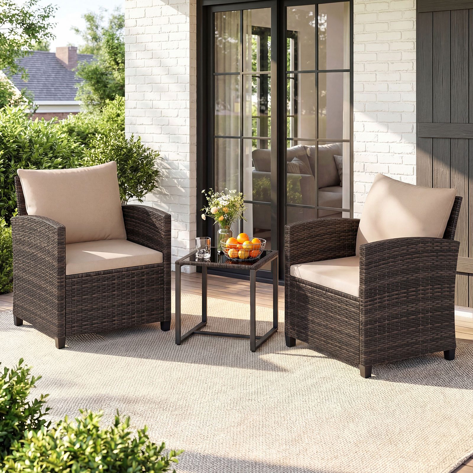COSTWAY Balkonset, (3-tlg), Rattan Gartenmöbel mit 2 Stühle & Tisch, 2 Personen