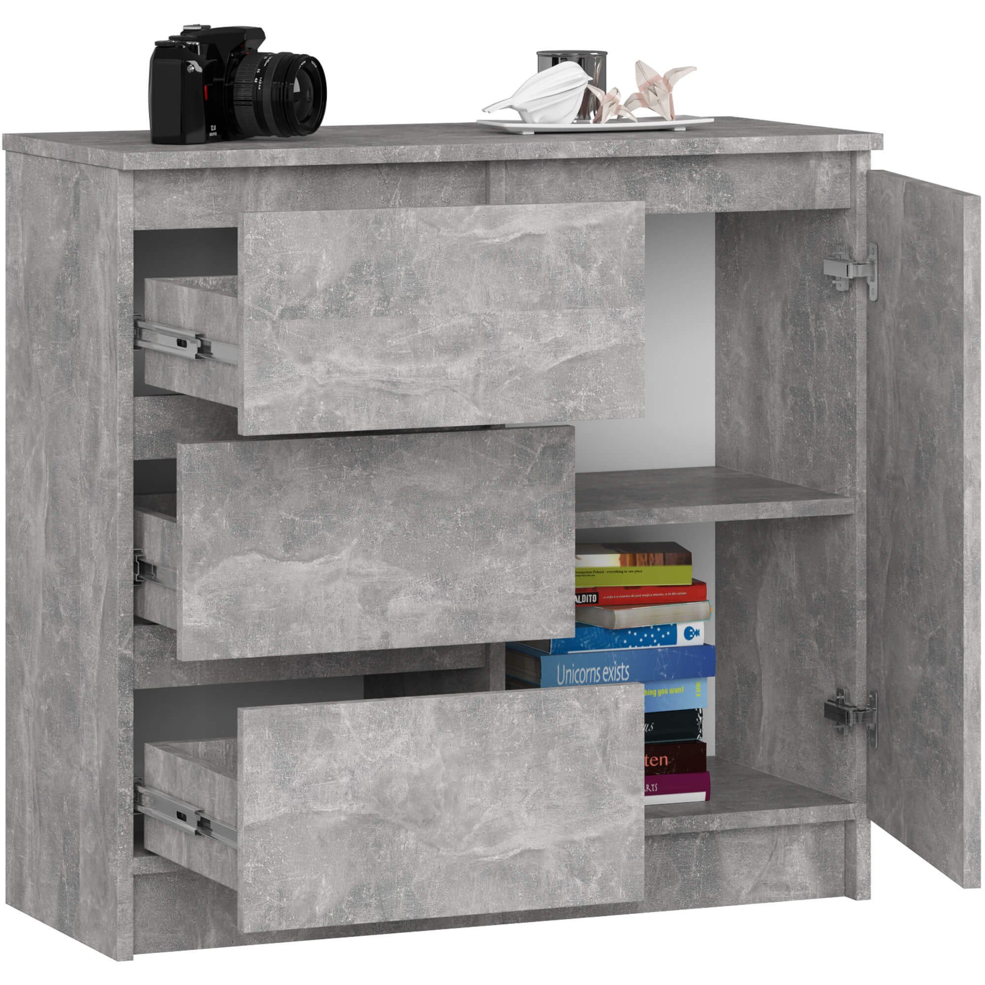 Kommode mit 3 Schubladen, 1 Schranktür, 80 cm breit Holz Schrank