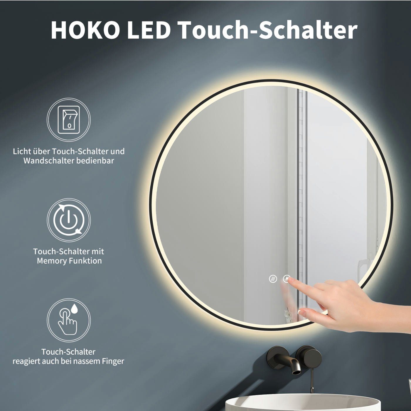 HOKO Badspiegel mit beleuchtung rund Anti-fog 60cm / 80cm+Schwarz / Gold+ (Warmweiß/Kaltweiß/Neutral. Licht mit Touch Schalter und mit Wandschalter einschaltbar. Memory-Funktion. IP44, 5mm HD Glass, Farbtemperatur stufenlos einstellen 2700K-6500K), Energiesparend LED beleuchtet