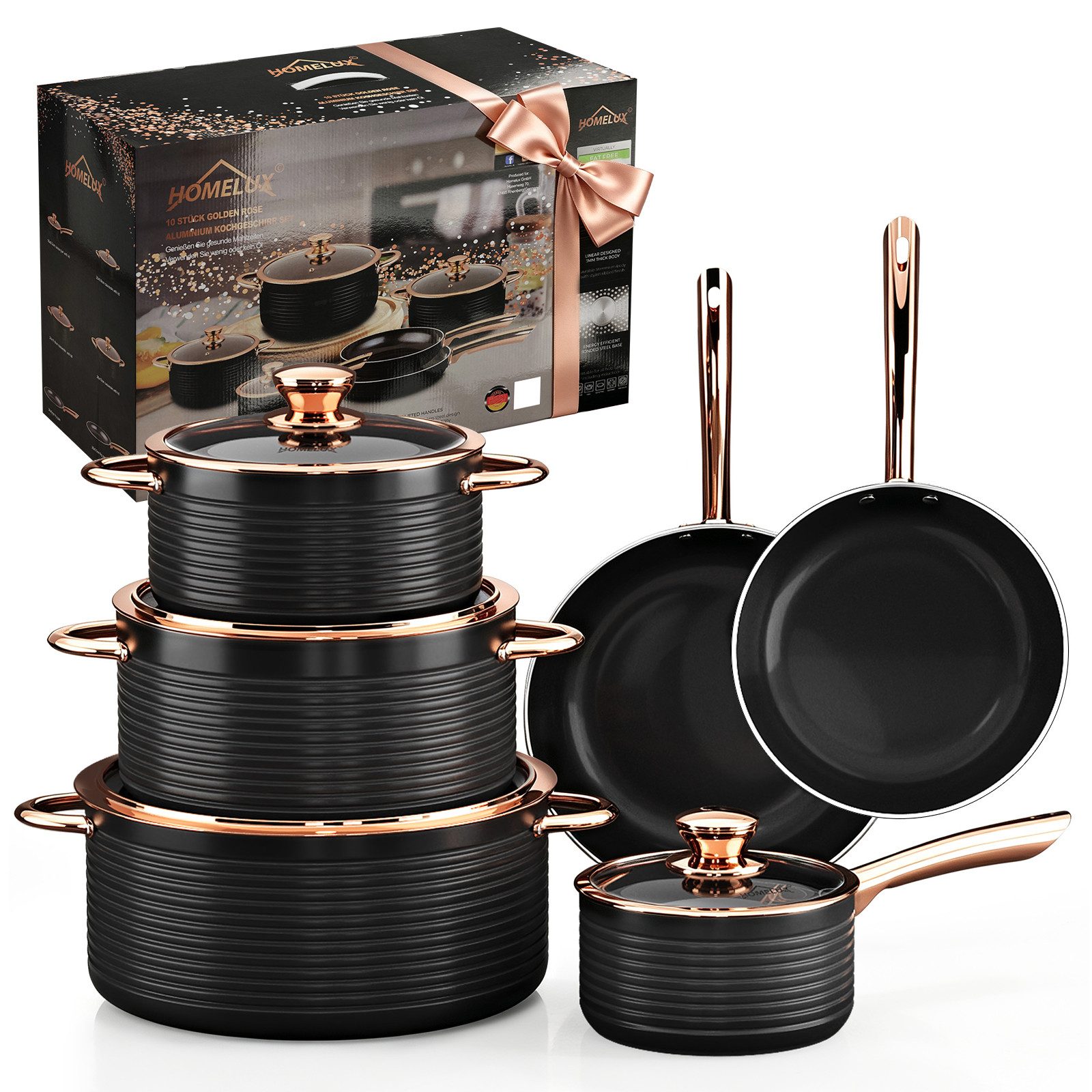 HOMELUX Topf-Set Kochgeschirr-Set, 10tlg Induktions Kochtopfset mit Deckel, Aluminium (Stilvolles Rose Gold, 10-tlg., Kochtopf 20/24/28 + Stieltopf 16 + Pfanne 24/28), induktionsgeeignet