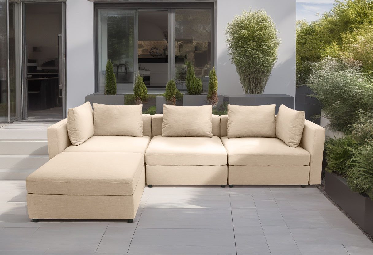 DOMO collection 3-Sitzer Solskin, individuell erweiterbar/kombinierbar, mit losen Kissen. Rücken- und Seitenteile als Stecksystem.