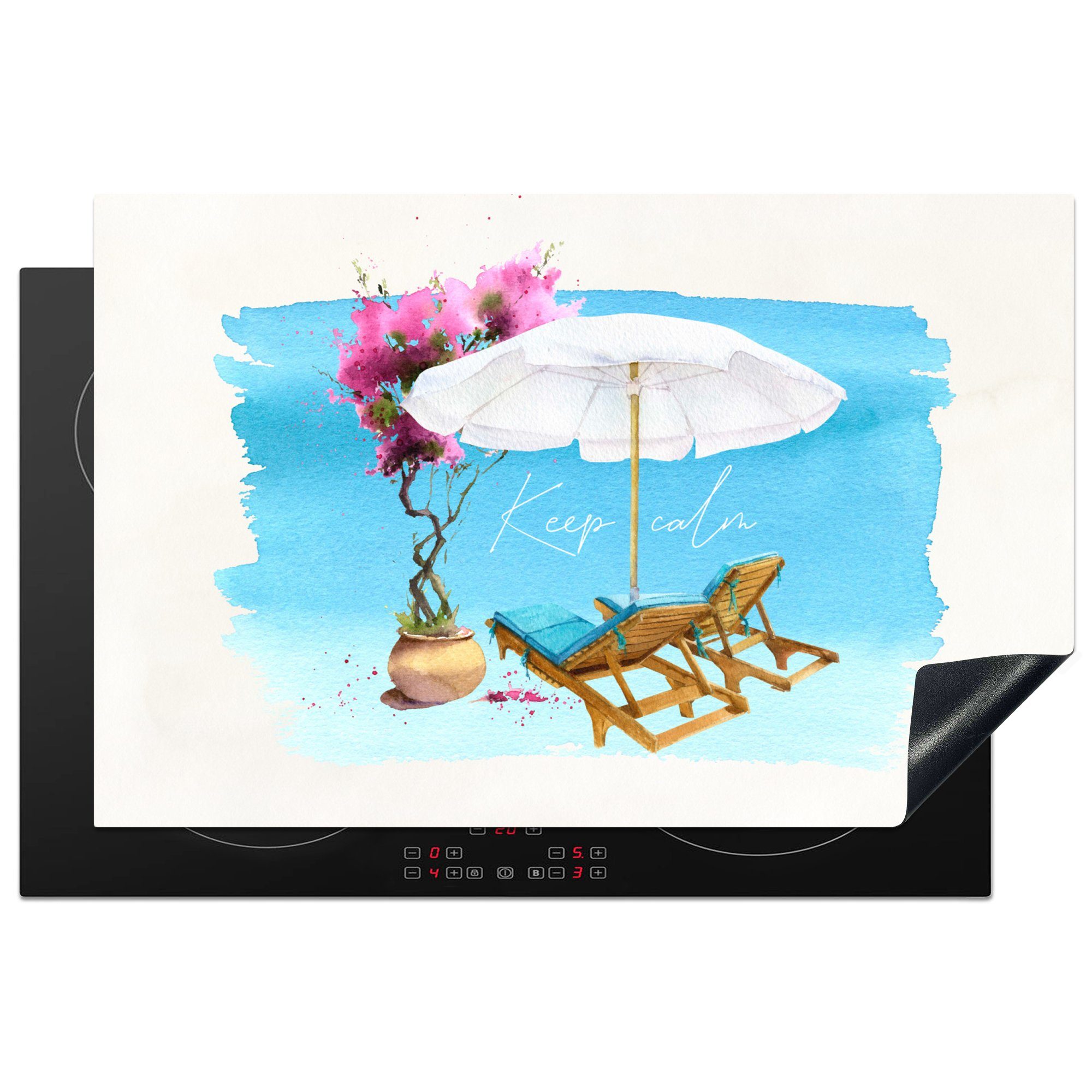 MuchoWow Herdblende-/Abdeckplatte Aquarell, (1 81x52 Ceranfeldabdeckung Schutz - küche, - - für Induktionskochfeld tlg), cm, Vinyl, Sonnenschirm Blumen die Strandkorb