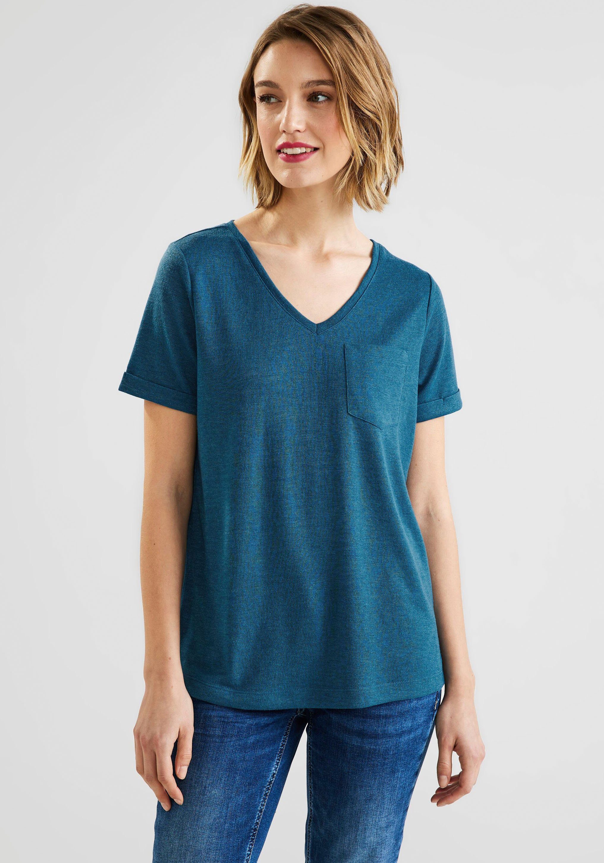 STREET ONE Kurzarmshirt mit großem V-Ausschnitt deep splash blue