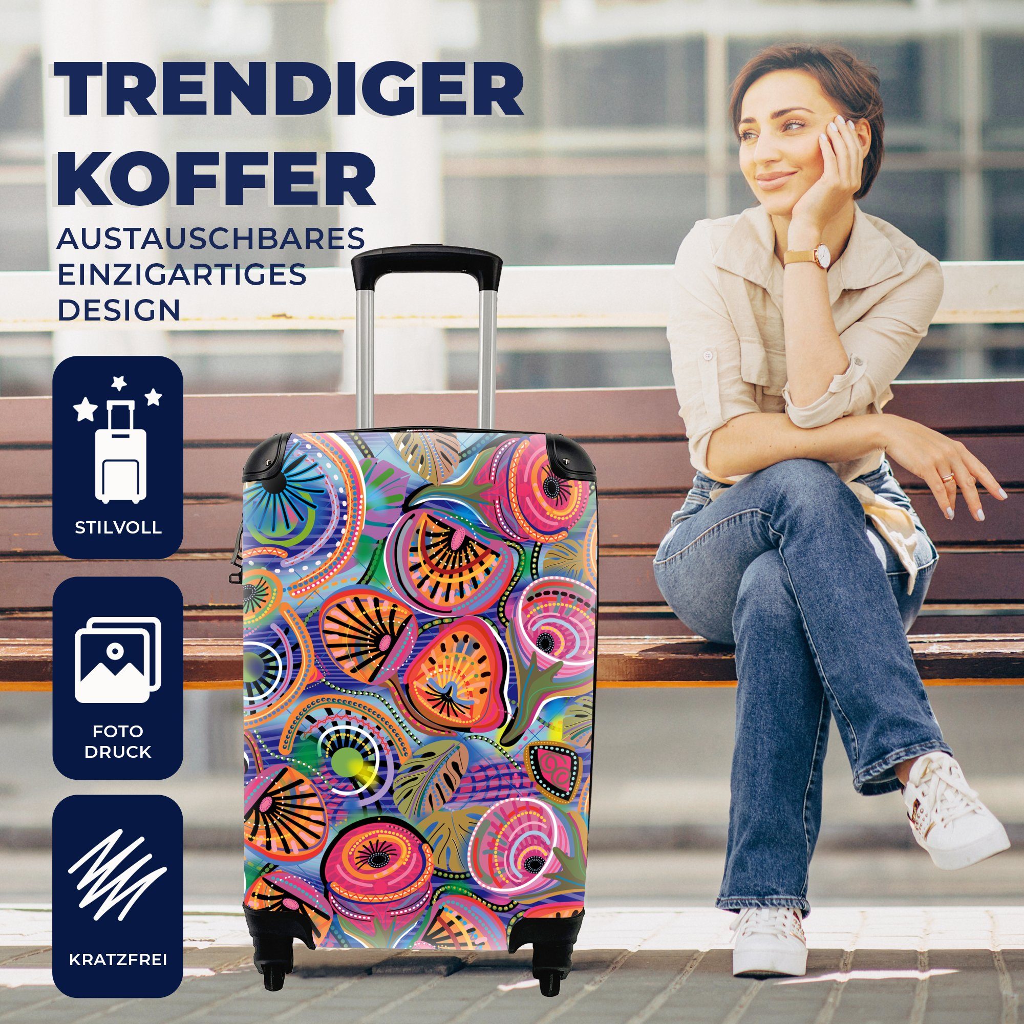 - rollen, 4 Rollen, Reisetasche MuchoWow für Handgepäckkoffer Reisekoffer Ferien, - Trolley, Blätter, mit Figuren Kreis Handgepäck