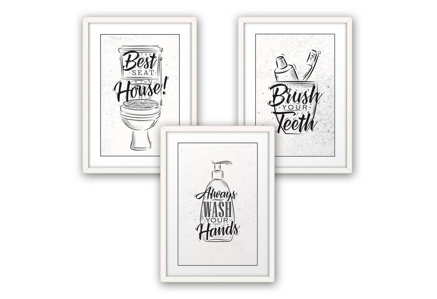 Kreative Feder Poster, WC, Bad, Badezimmer, Toilette, Waschbecken, Seife, Zahnbürste (Set, 3 St), 3-teiliges Poster-Set, Wandbild, optional mit Rahmen, DIN A4 oder A3