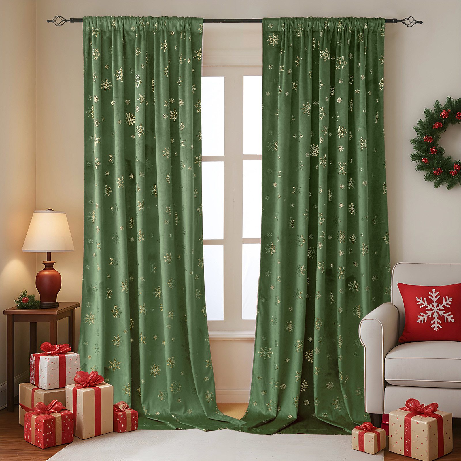 BTTO V&G Vorhang Verdunkelungsvorhang,Samt Velvet Шторы Weihnachten Schneeflocke (2 St), blickdicht, Weihnachtsvorhänge,Thermogardine mit Schneeflocken Goldfolien
