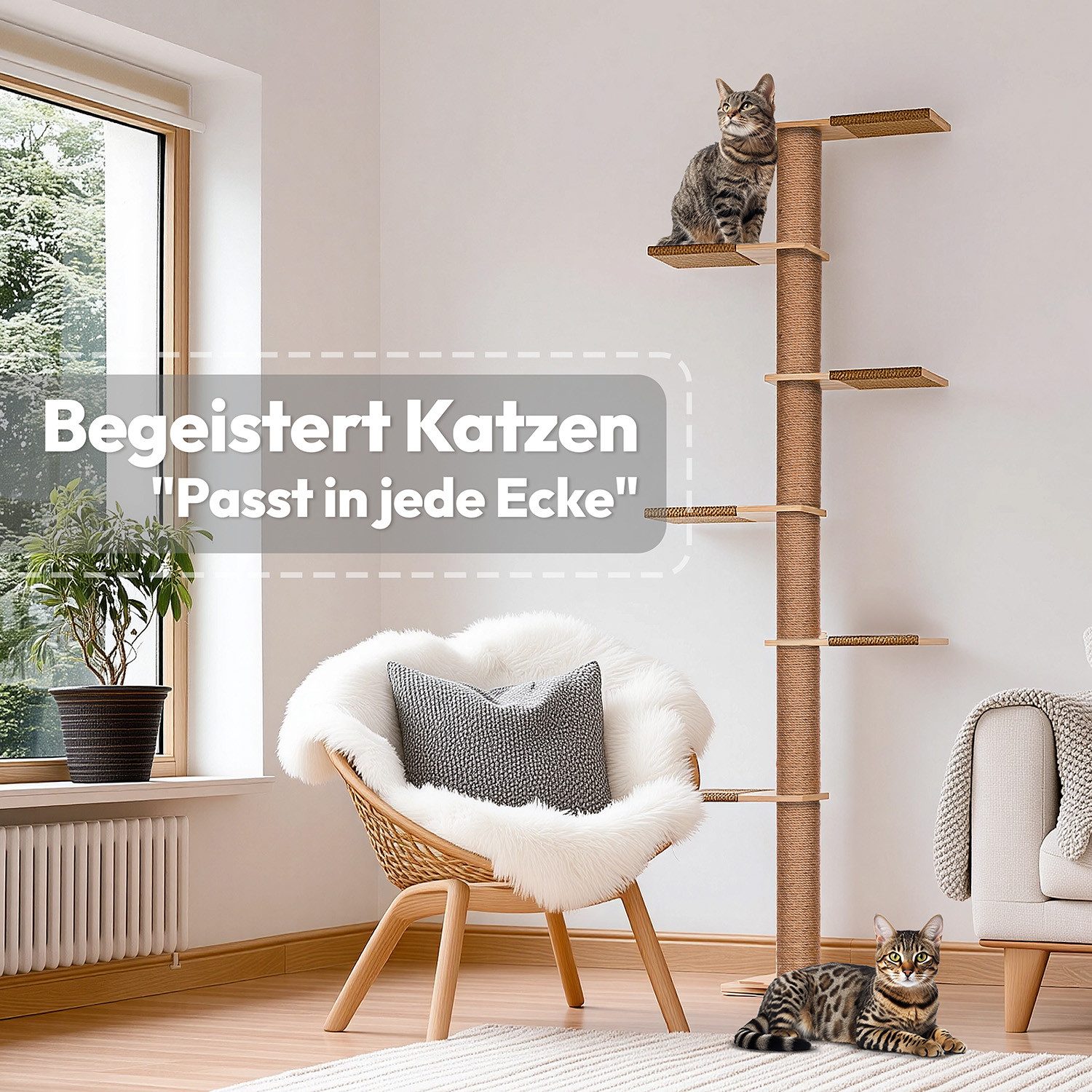 PET VIOLET Kratzbaum XXL Katzenbaum 206 cm hoch, wandmontierter 5 Ebenen Katzenkratzbaum, Katzenkratzbaum wandmontiert, 206 cm hoch, 5 Ebenen, Massivholz