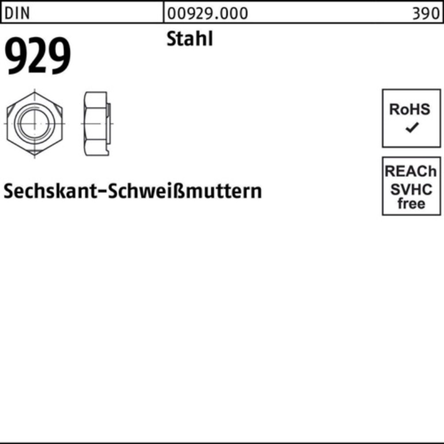 Reyher Anschweißmutter 500er Pack Sechskantanschweißmutter DIN 929 M10 Stahl 500 Stück DIN