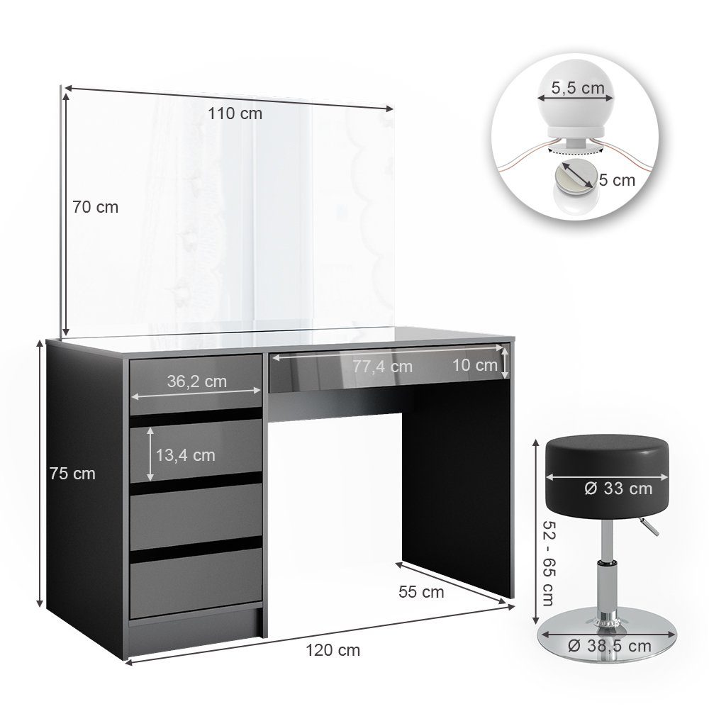 Vicco Schminktisch Sherry, Anthrazit Hochglanz, 120 cm mit LED Beleuchtung und Hocker (3-St)