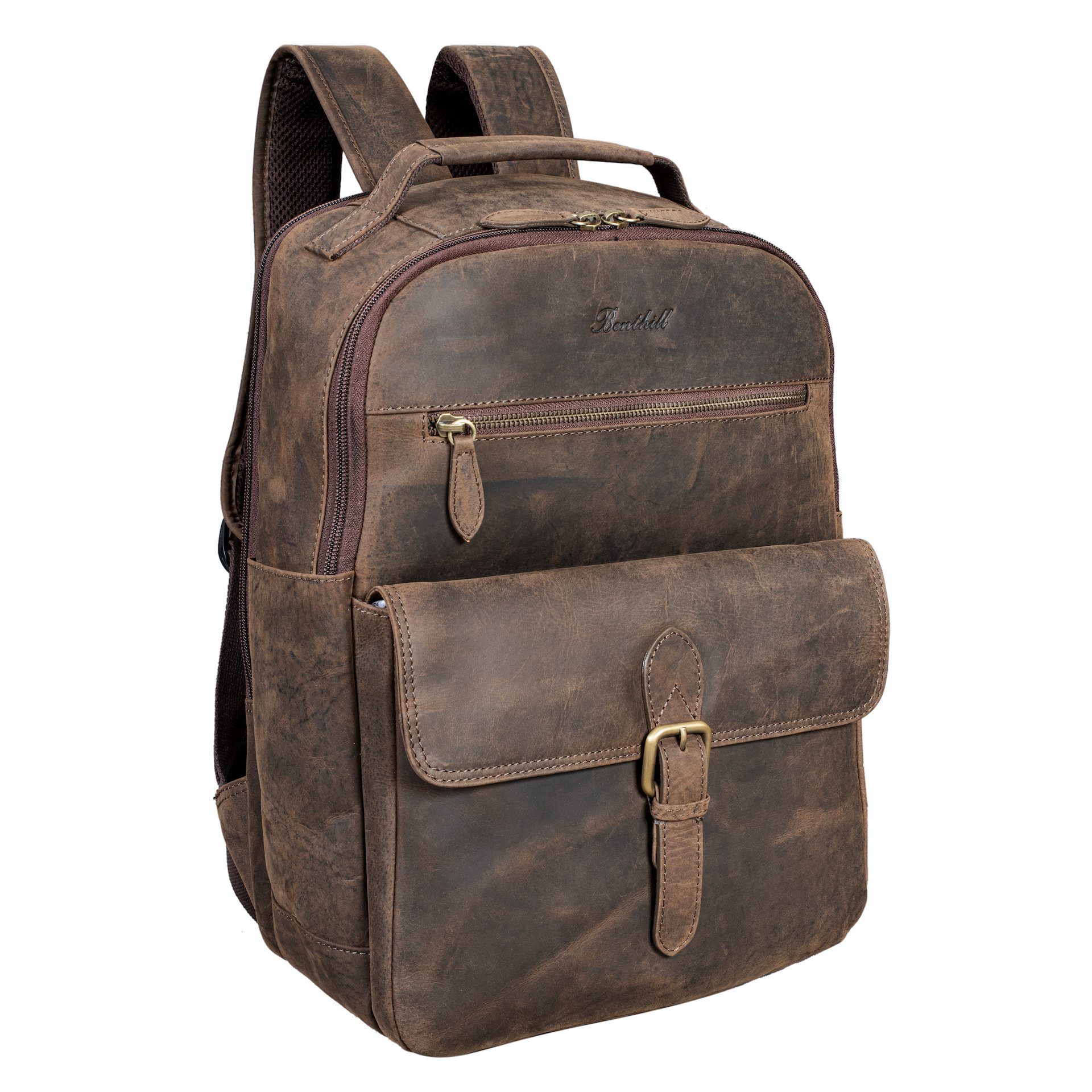 Benthill Rucksack Echt Leder Rucksack Damen Herren Backpack Lederrucksack Reise Bag, Reißverschlussfach