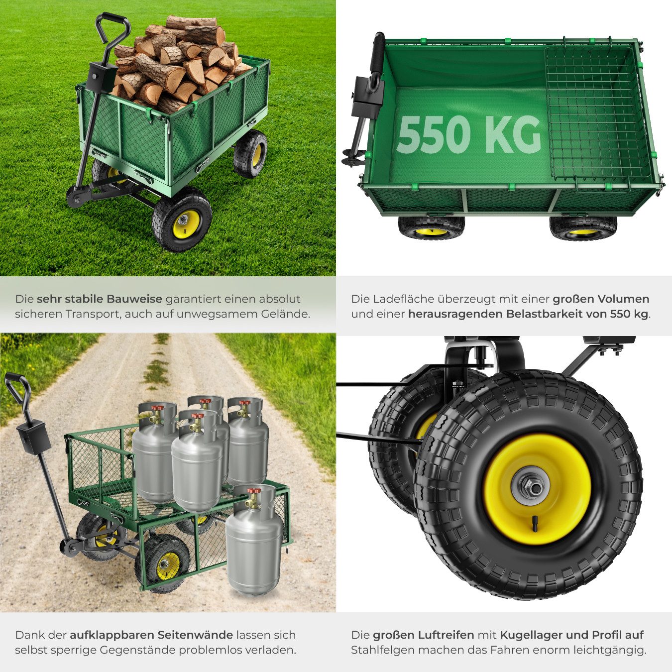 tectake Bollerwagen Handwagen mit Ablage max. 550kg mit klappbaren Seitenwänden (1 Transportwagen, 1-tlg., 150L Volumen in Grün), mit klappbaren Seitenwänden – Bild 5 von 5