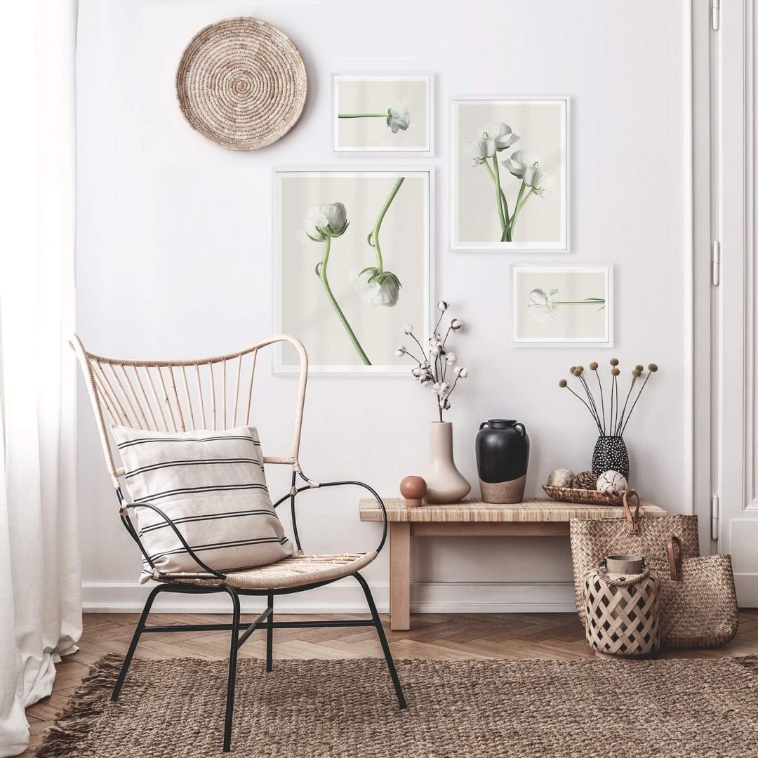 Poster Poster Collage + Bilderrahmen Botanik floral weiße Ranunkeln 4er Set